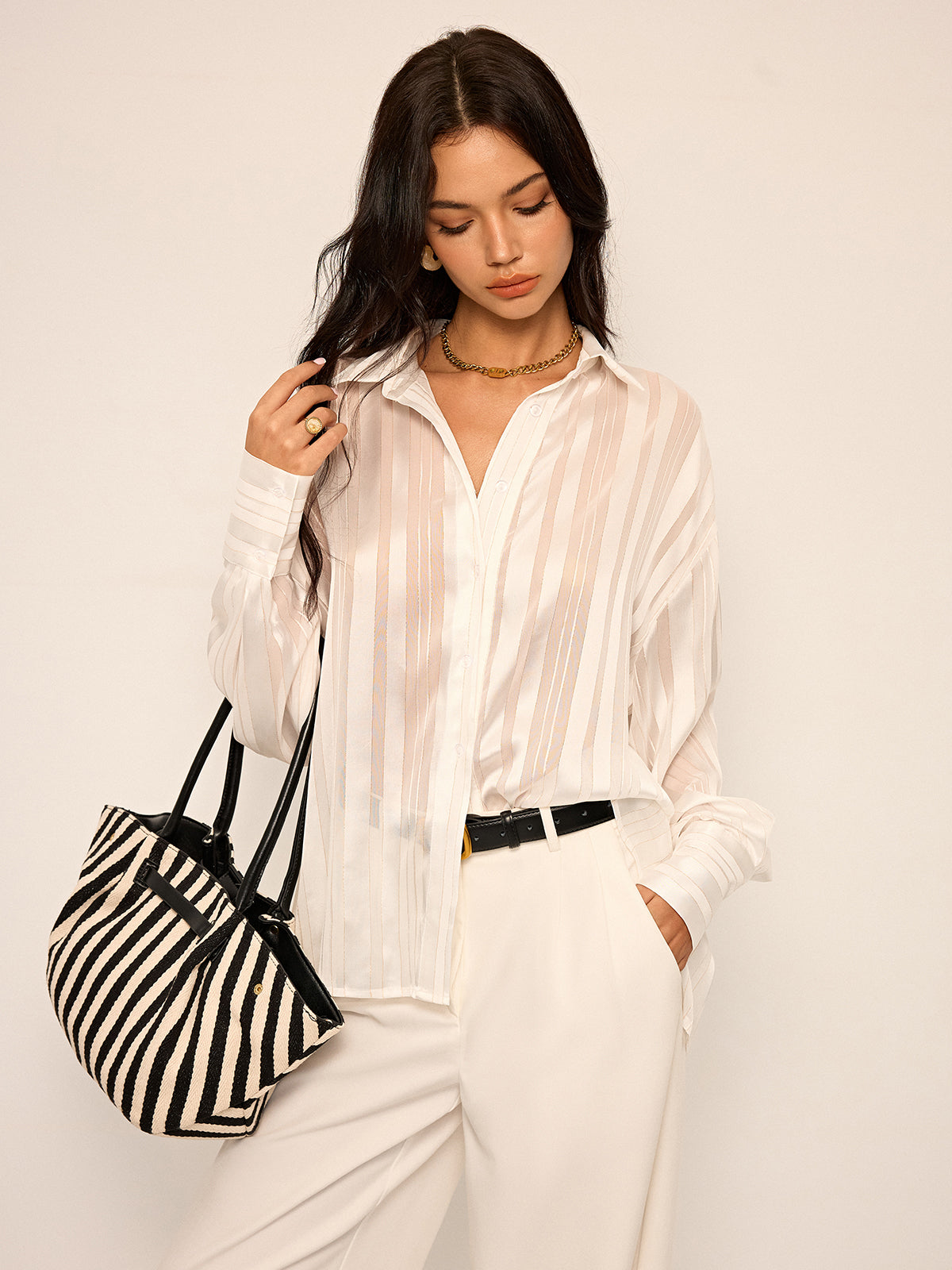 Sheer Striped Long-Sleeve Shirt