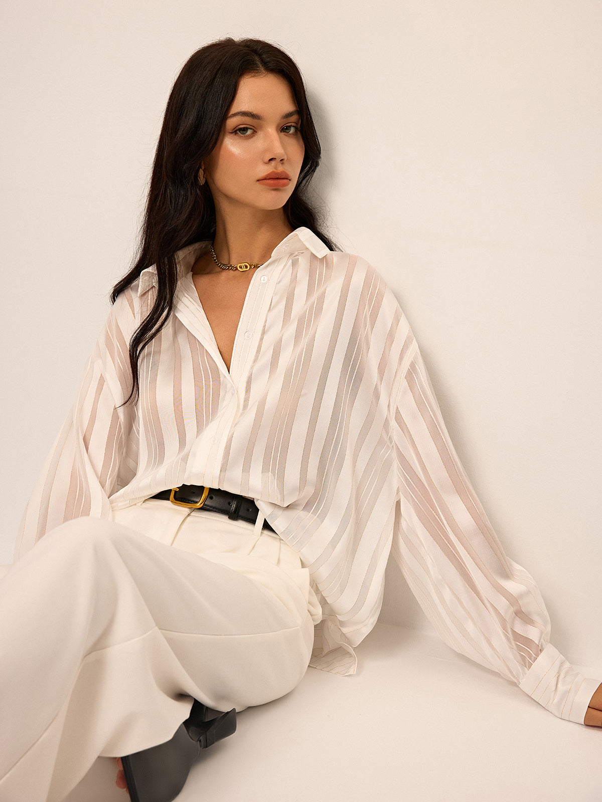 Sheer Striped Long-Sleeve Shirt