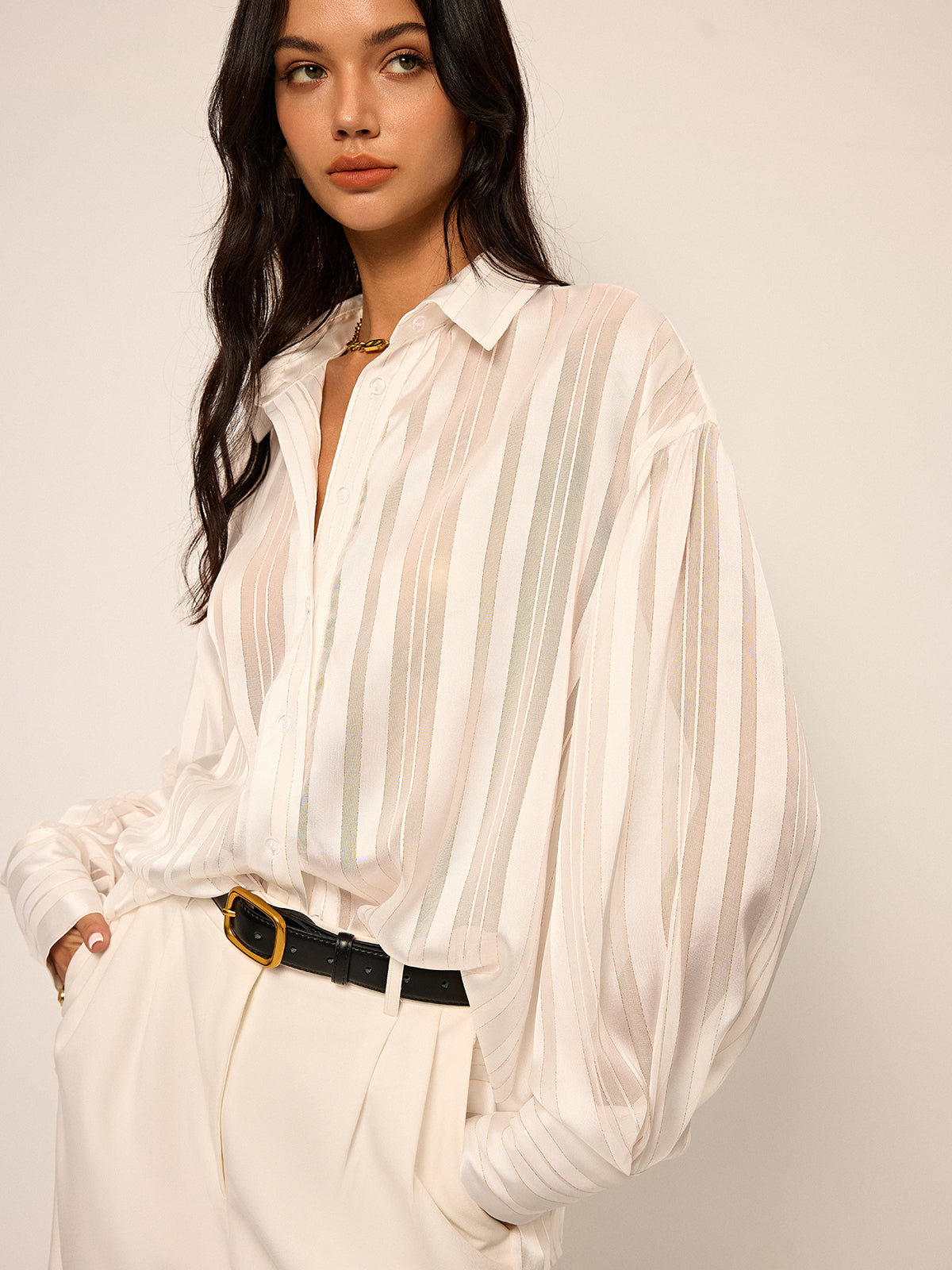 Sheer Striped Long-Sleeve Shirt