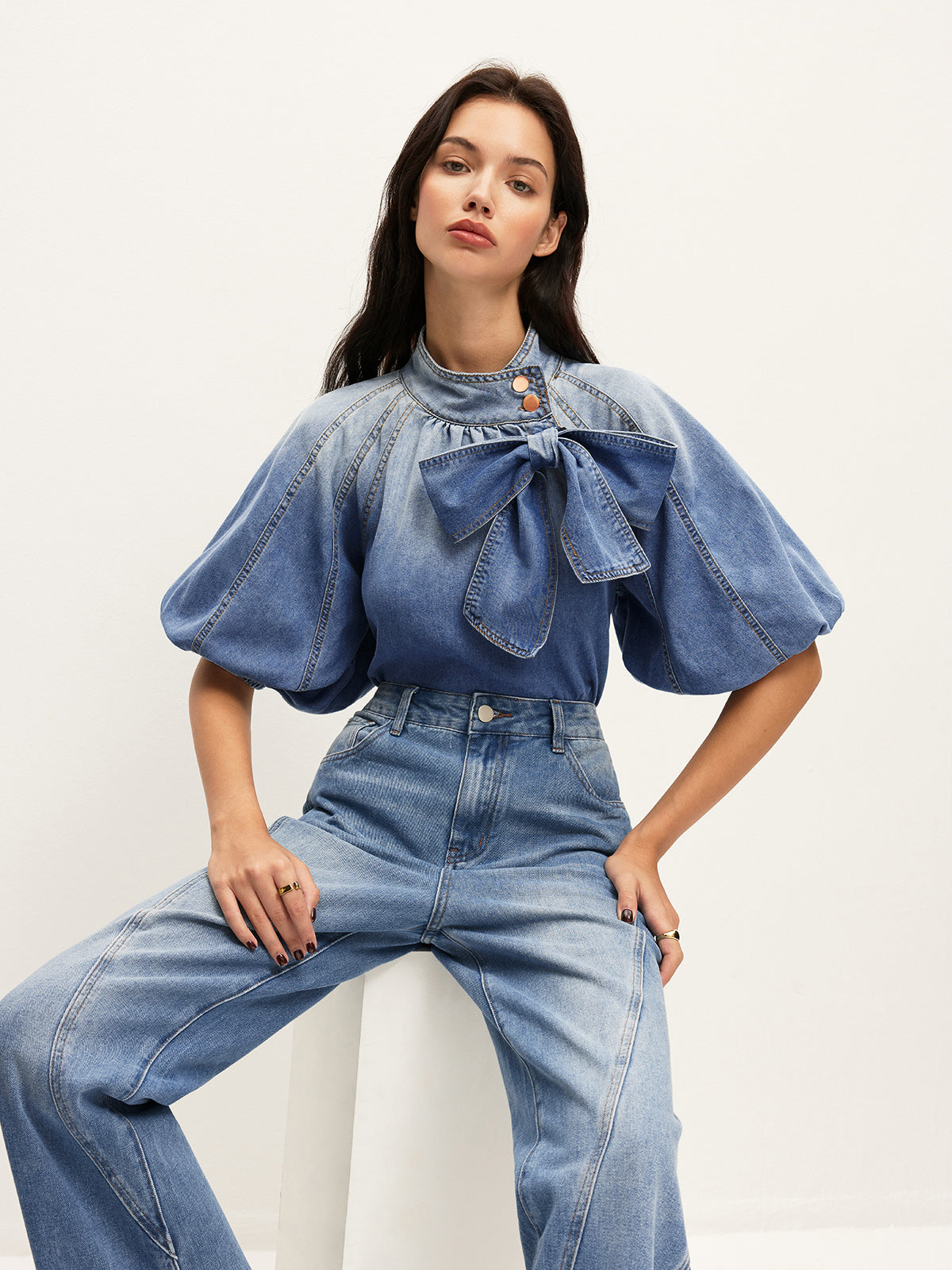 Denim Puff-Sleeve Top With Bow Detail