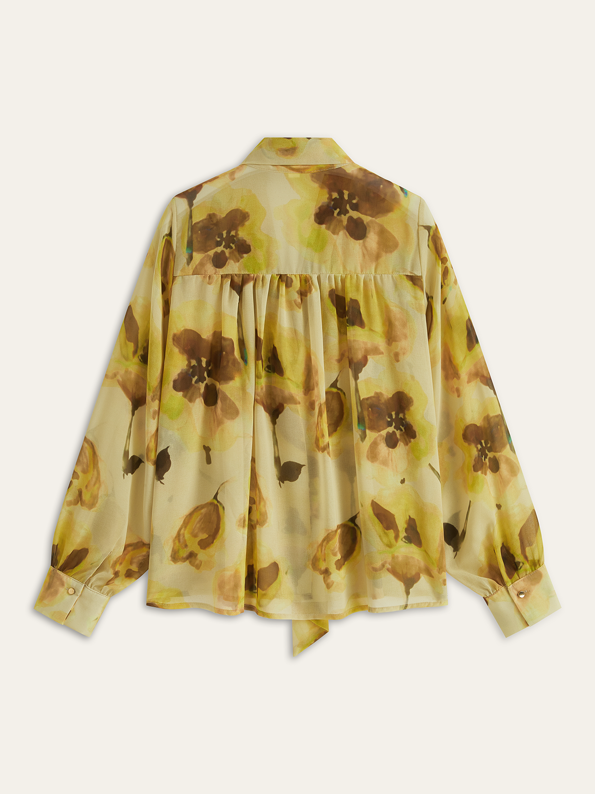 Semi-Sheer Pleated Floral Print Tie-Front Shirt