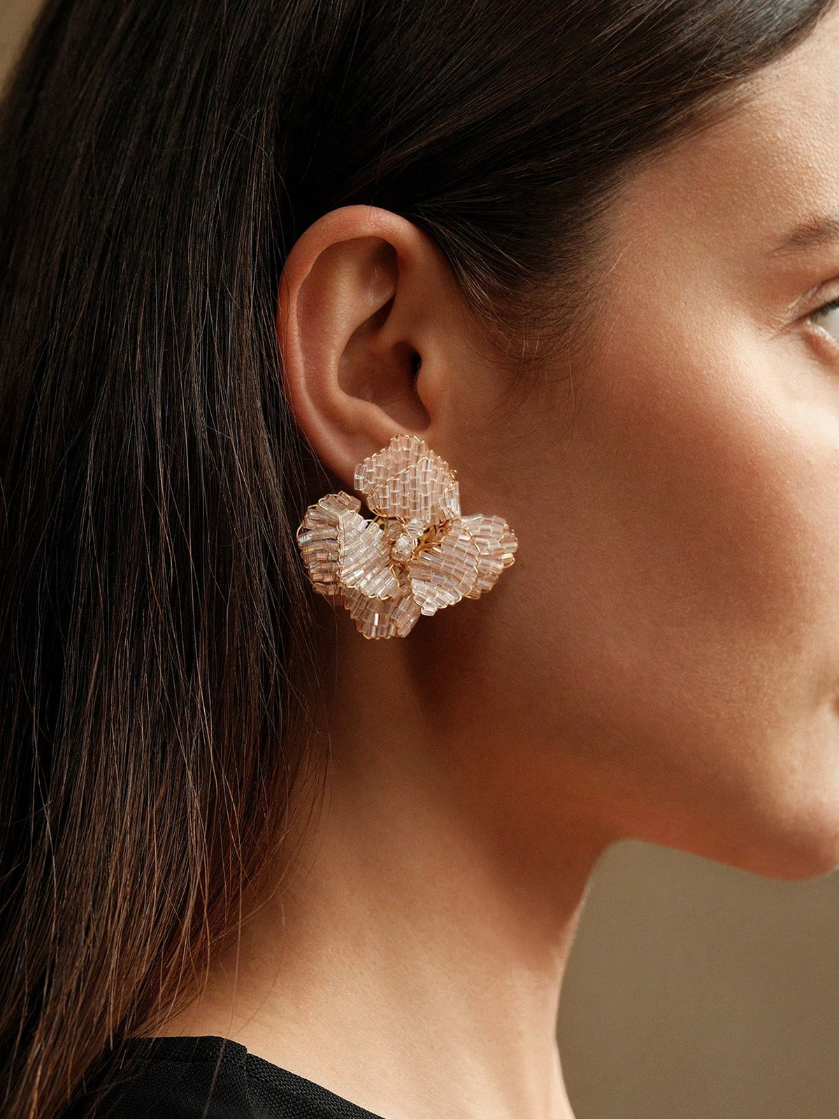 Beaded Flower-Shaped Statement Earrings