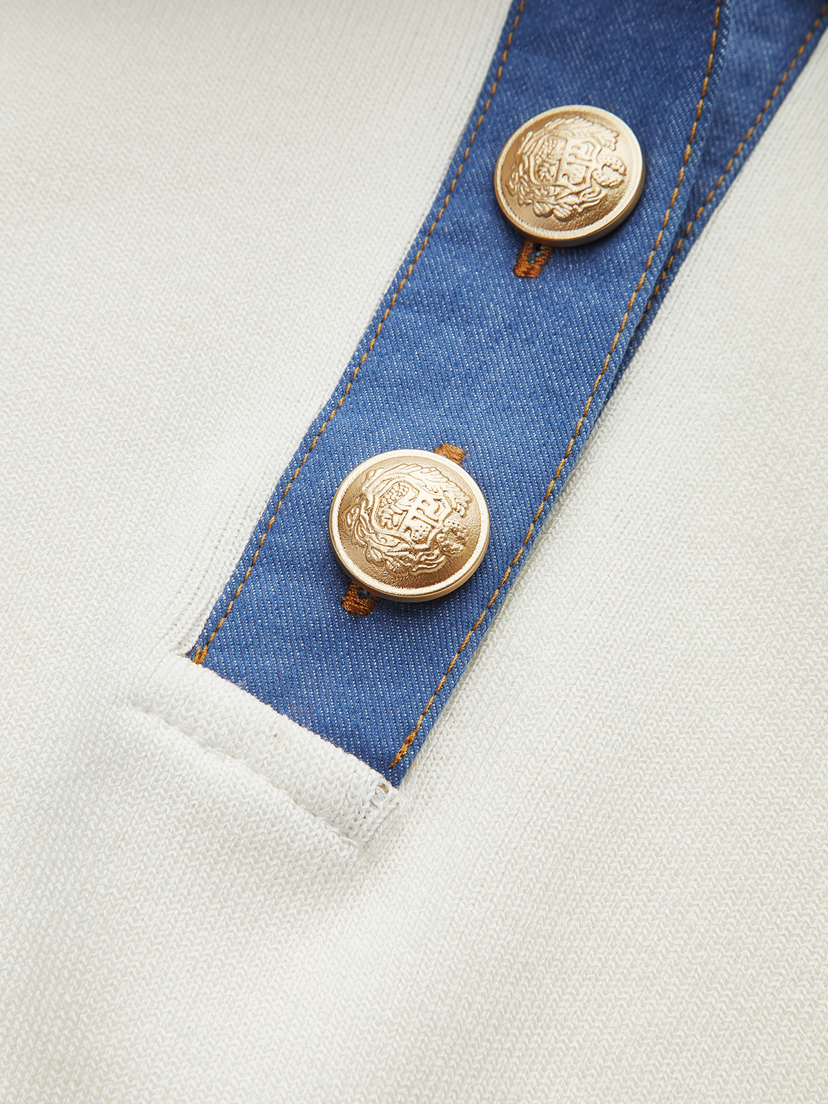 Denim-Collar Buttoned Polo Knit Midi Dress