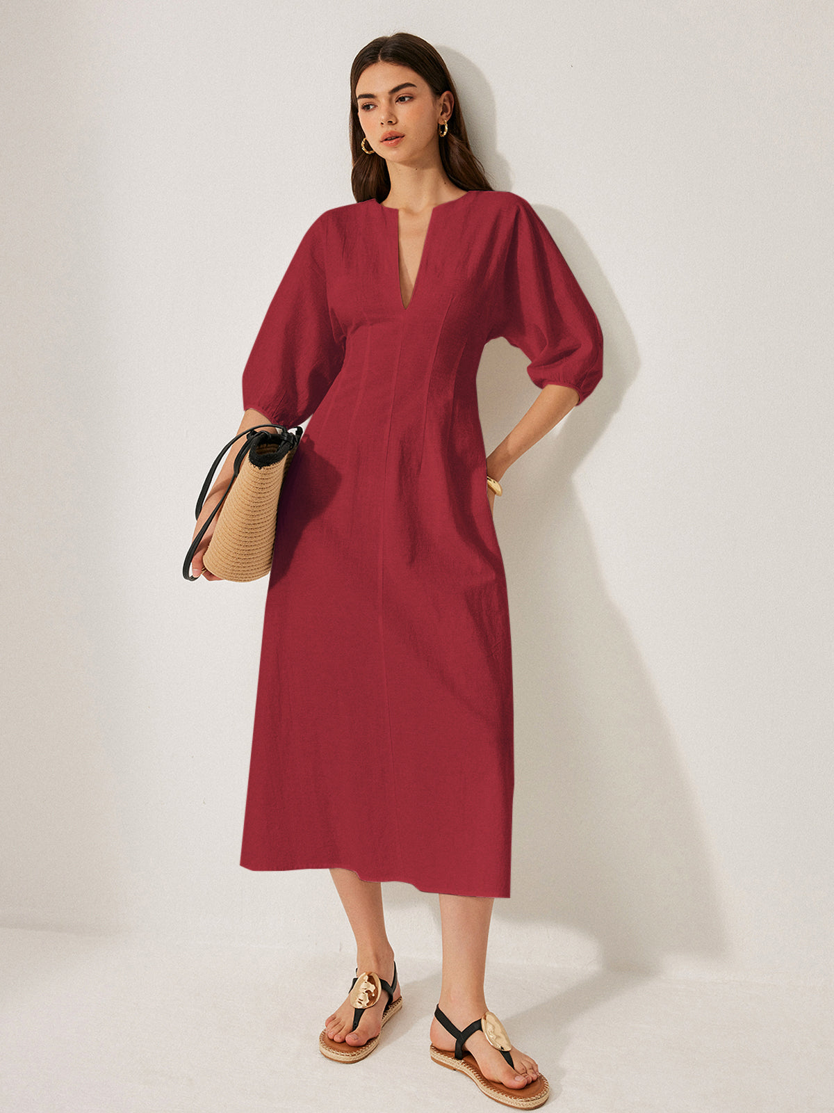 Baumwoll-Leinen-Kleid mit Puffärmeln ohne Gürtel
