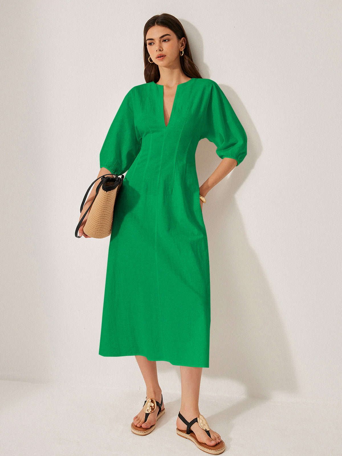 Baumwoll-Leinen-Kleid mit Puffärmeln ohne Gürtel