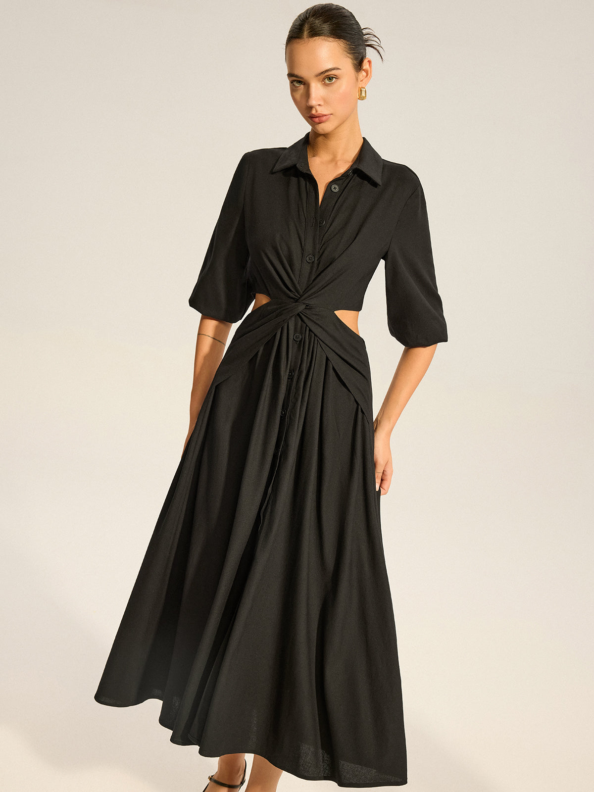 Twist Cut-Out Button Shirt Dress
