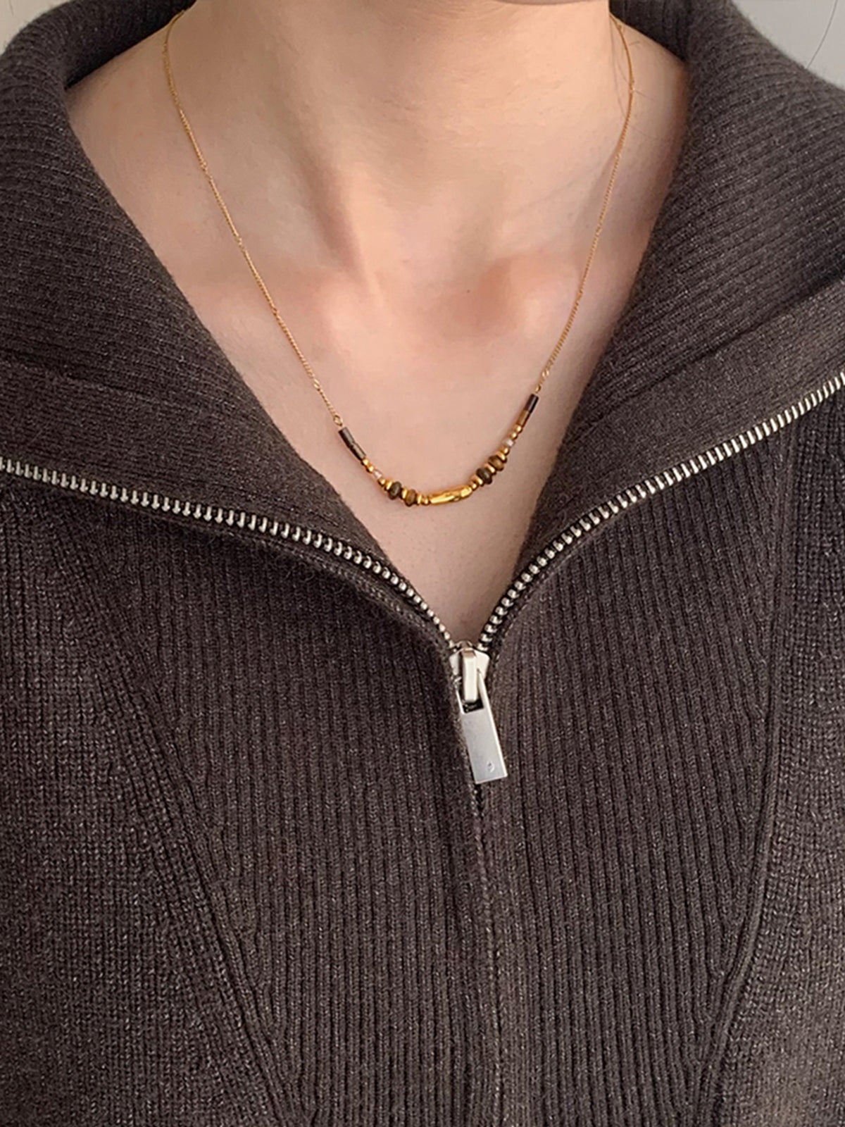 Tiger Eye Stone Beaded Necklace with Gold Chain
