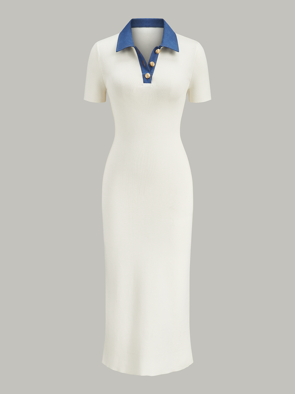 Midi-Strickkleid mit Jeanskragen und Knopfleiste