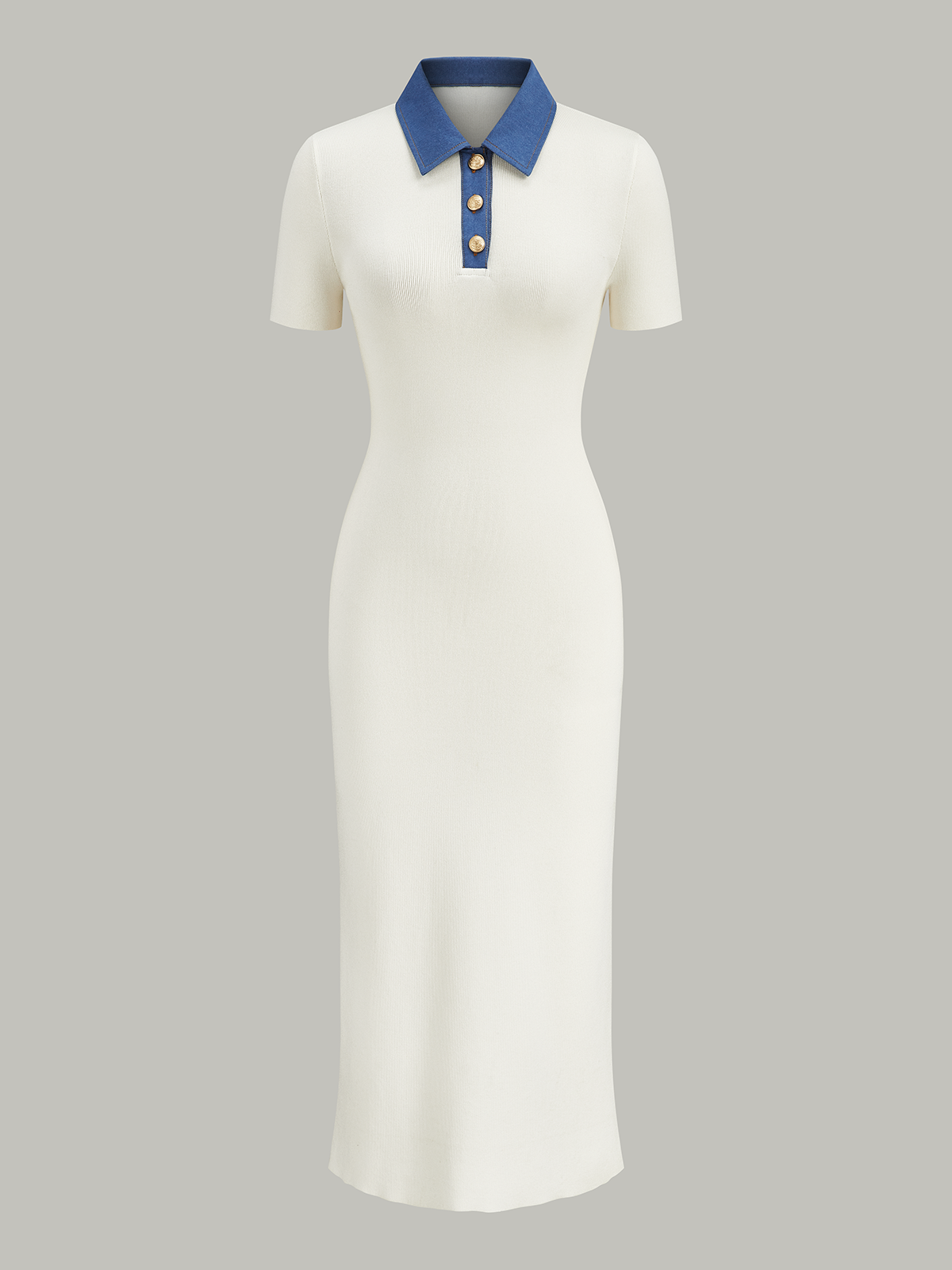 Midi-Strickkleid mit Jeanskragen und Knopfleiste
