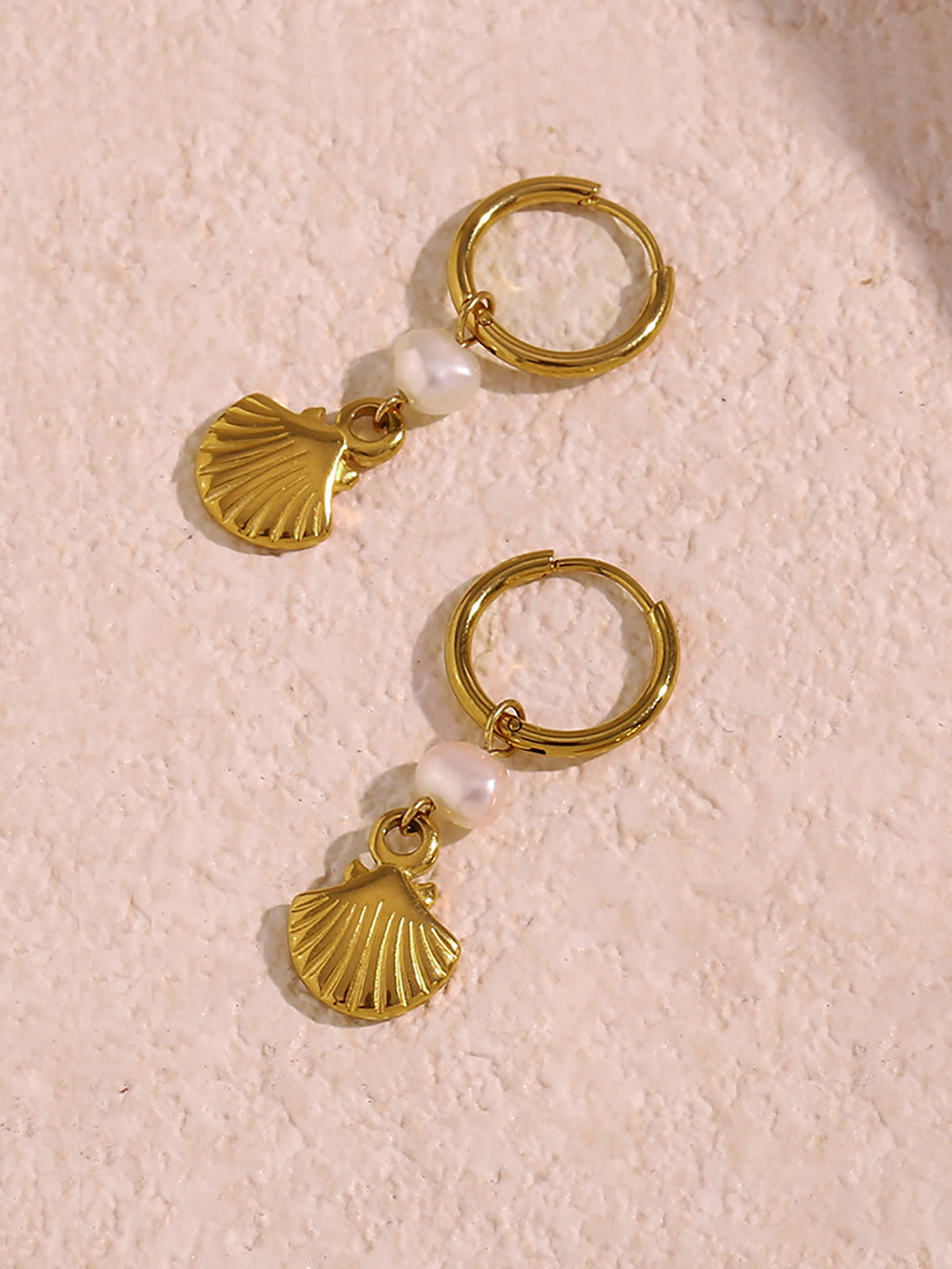 Gold-Plated Hoop Earrings with Pearl and Shell Charms