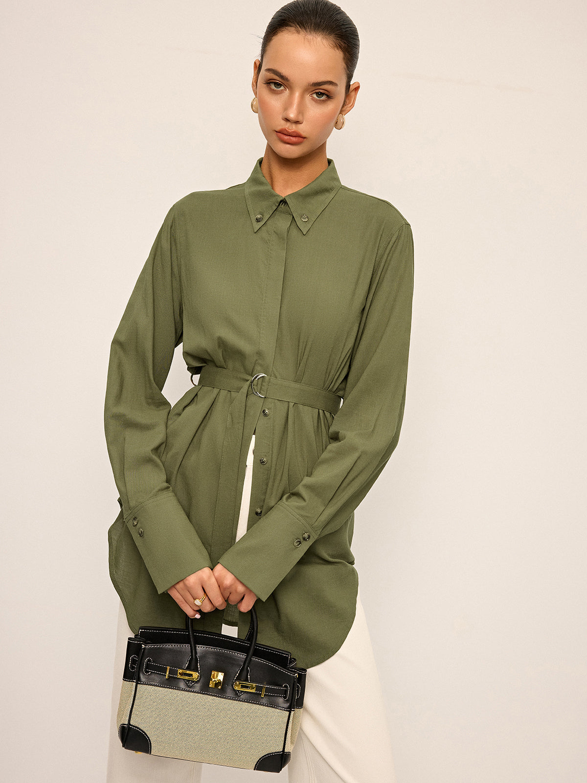 Cotton & Linen Belted Long-Sleeve Shirt