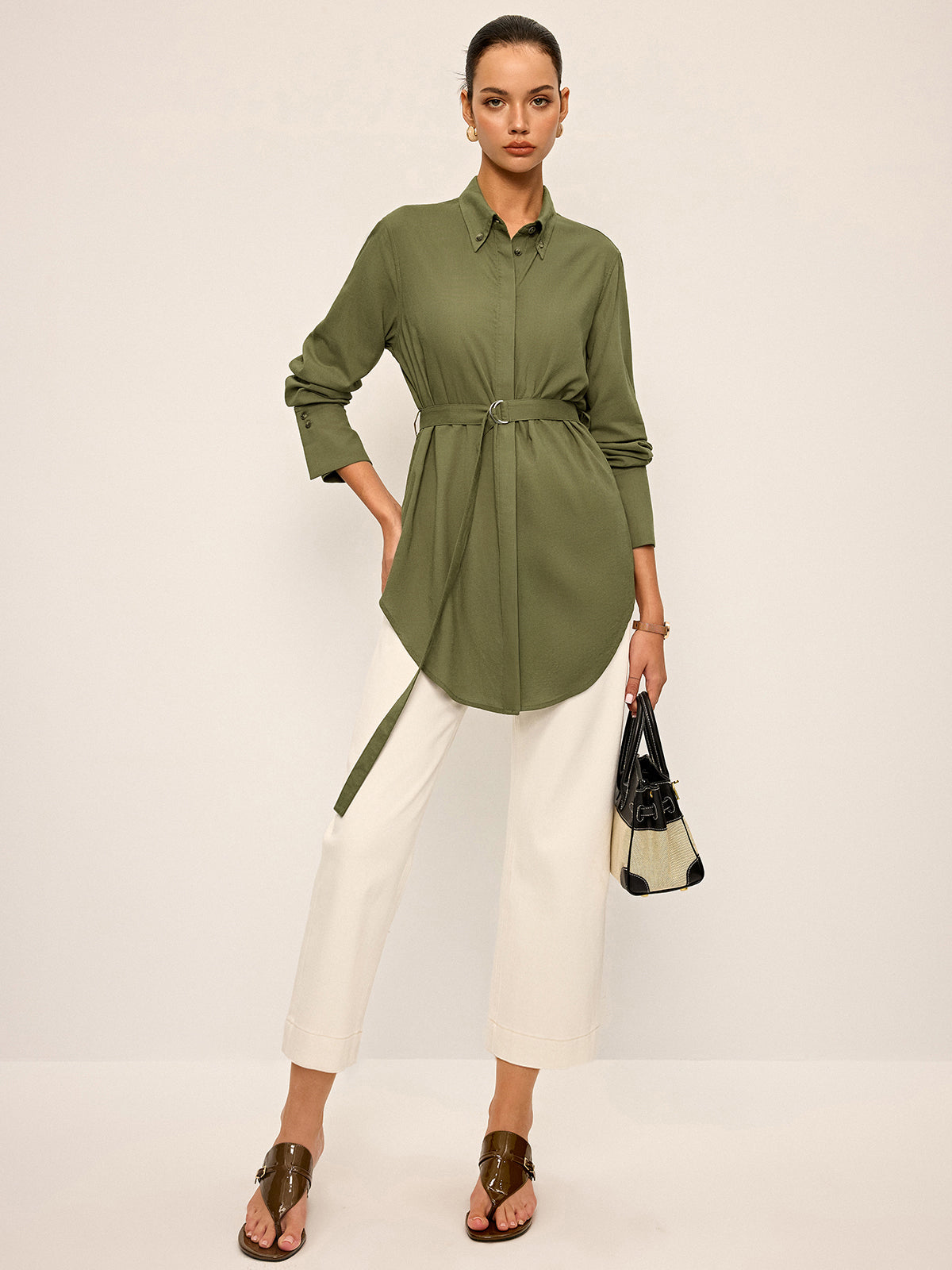 Cotton & Linen Belted Long-Sleeve Shirt