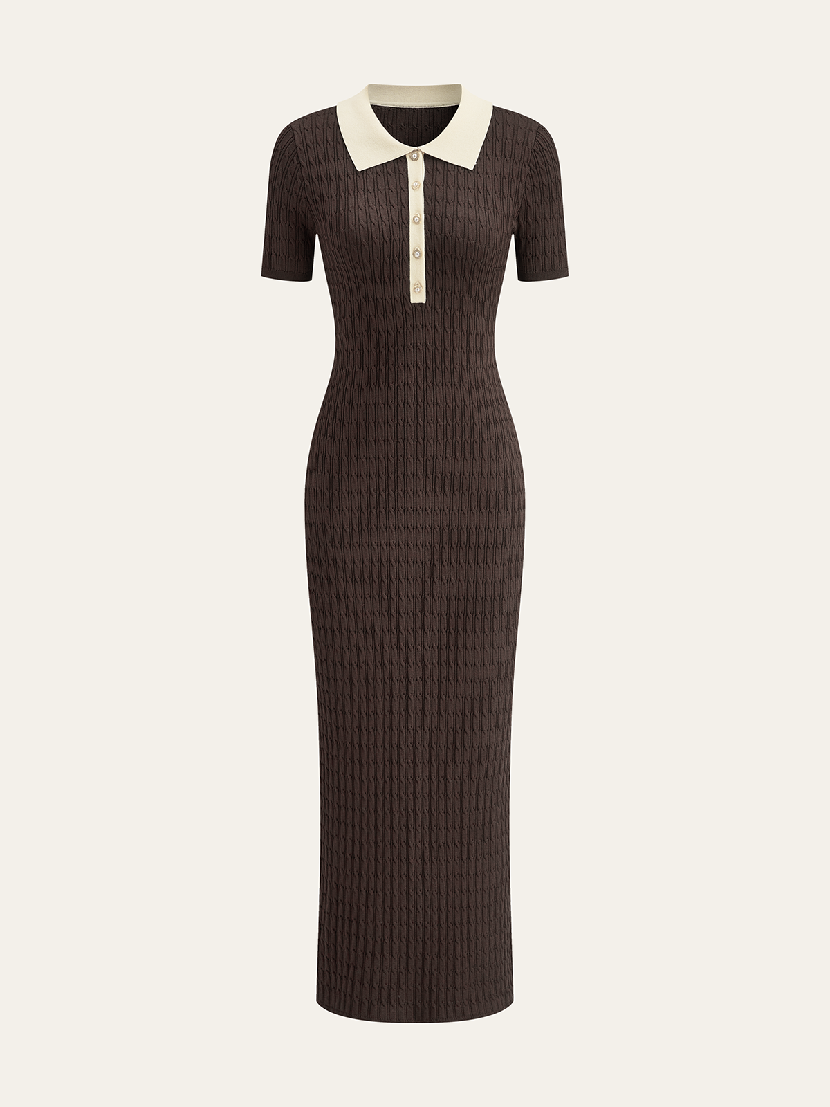 Midi-Strickkleid mit Kontrastkragen und Zopfmuster