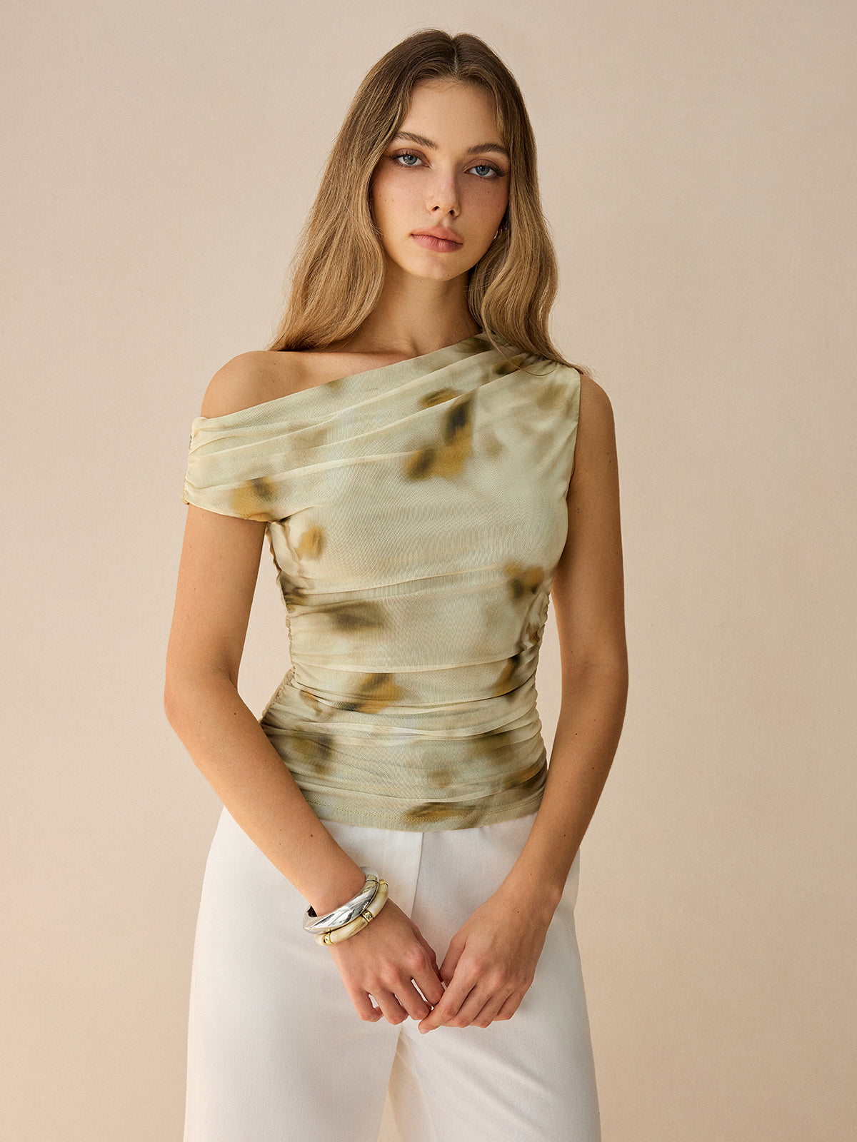 One-Shoulder Ruched Print Top