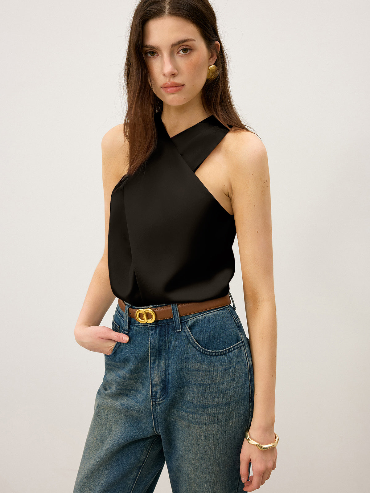 Satin-Tanktop mit Wickelkragen