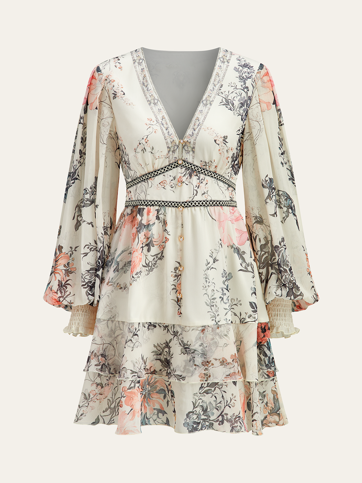 Halbtransparente Chiffon-Stufenkleid mit Blumenmuster