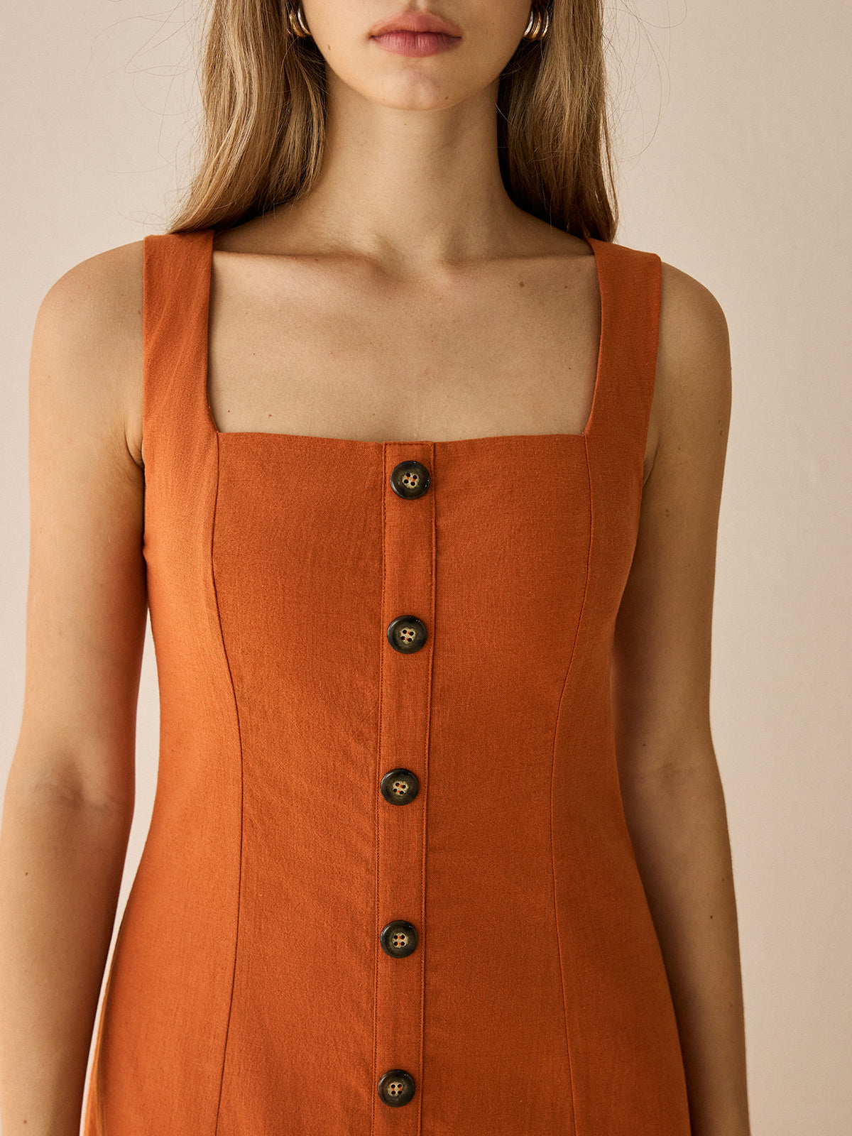 Square-Neck Button-Front Maxi Dress with Slit