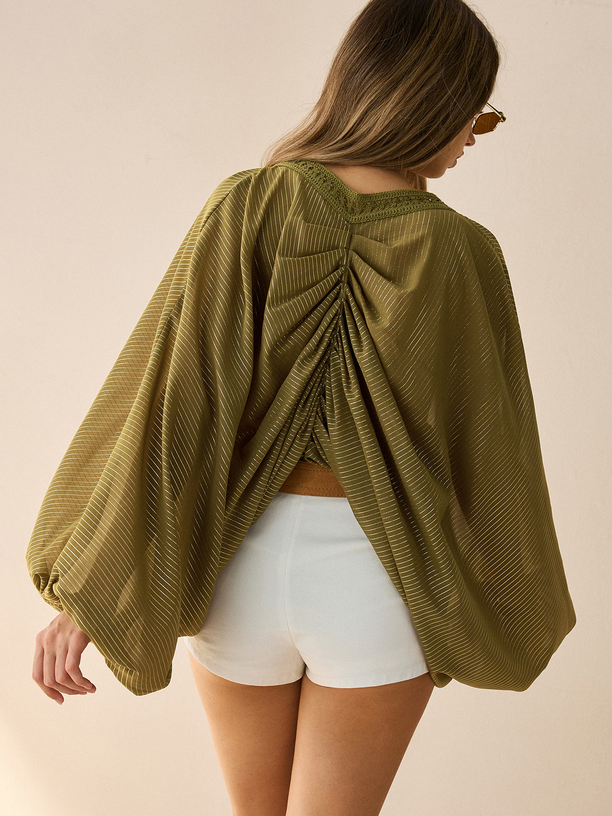 Semi-Sheer Striped Lace-Up Blouse with Batwing Sleeves