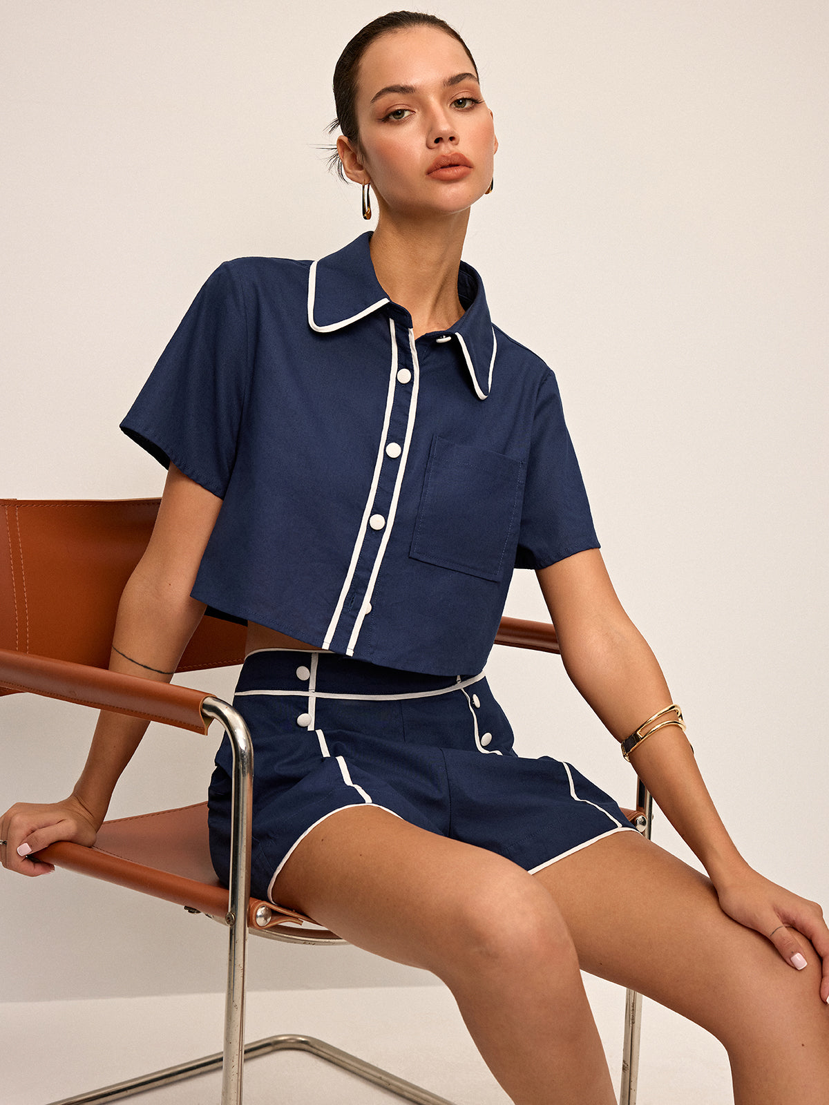 Contrast Piping Crop Shirt and Shorts Set