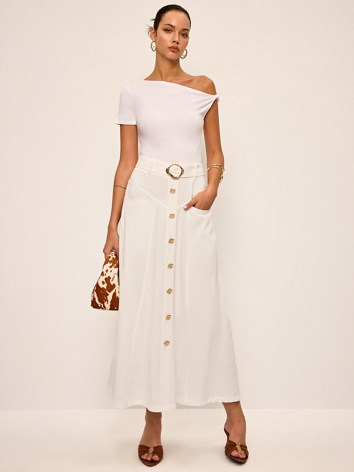Jupe midi boutonnée en coton avec ceinture
