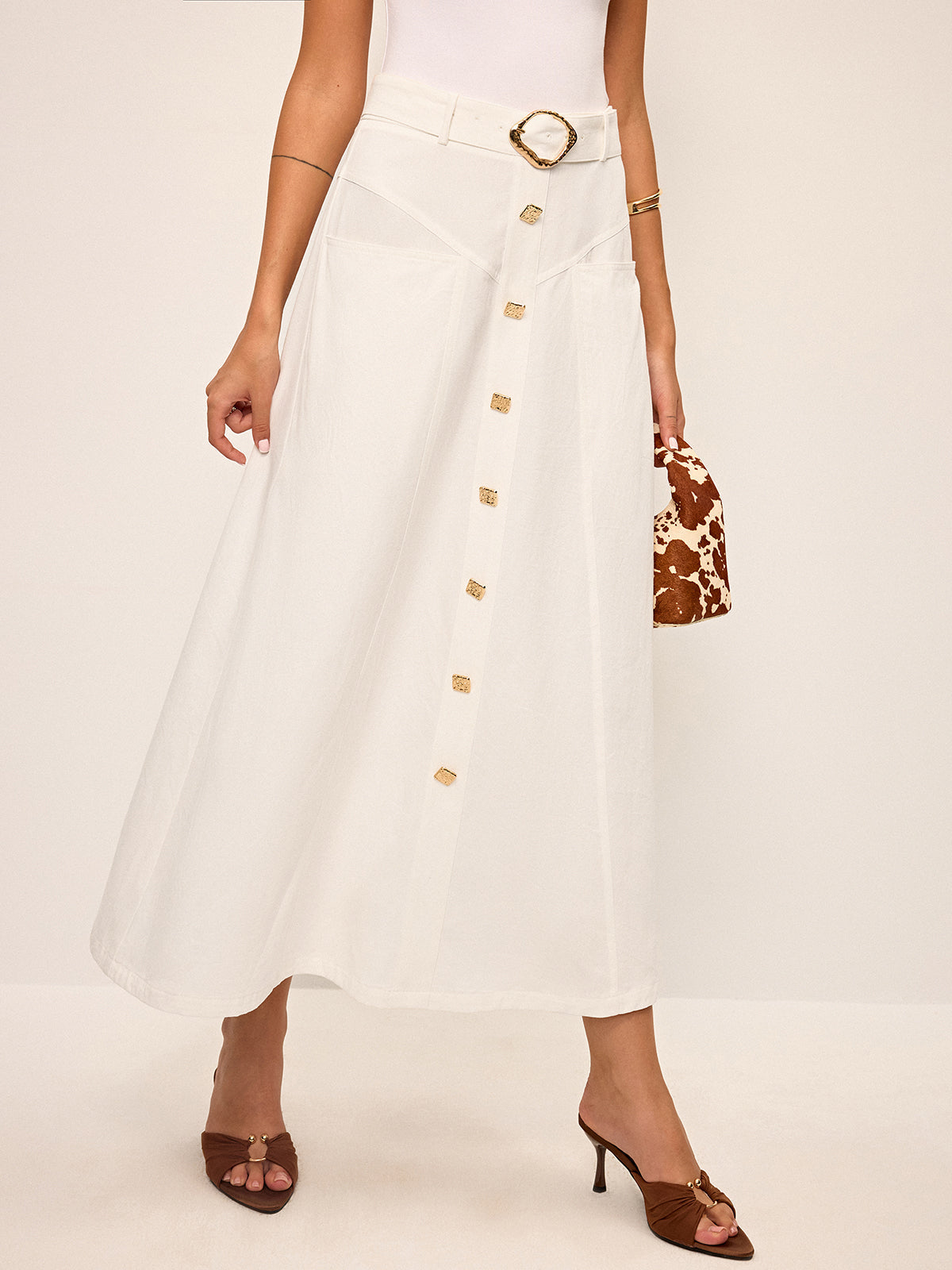 Jupe midi boutonnée en coton avec ceinture
