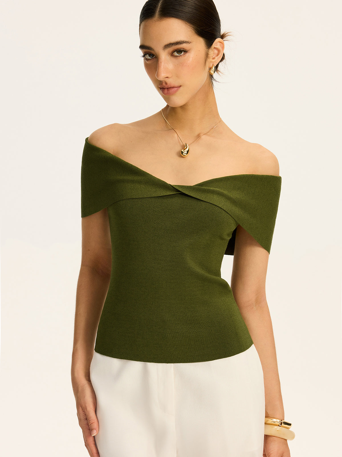 Off-Shoulder Twist-Front Knit Top