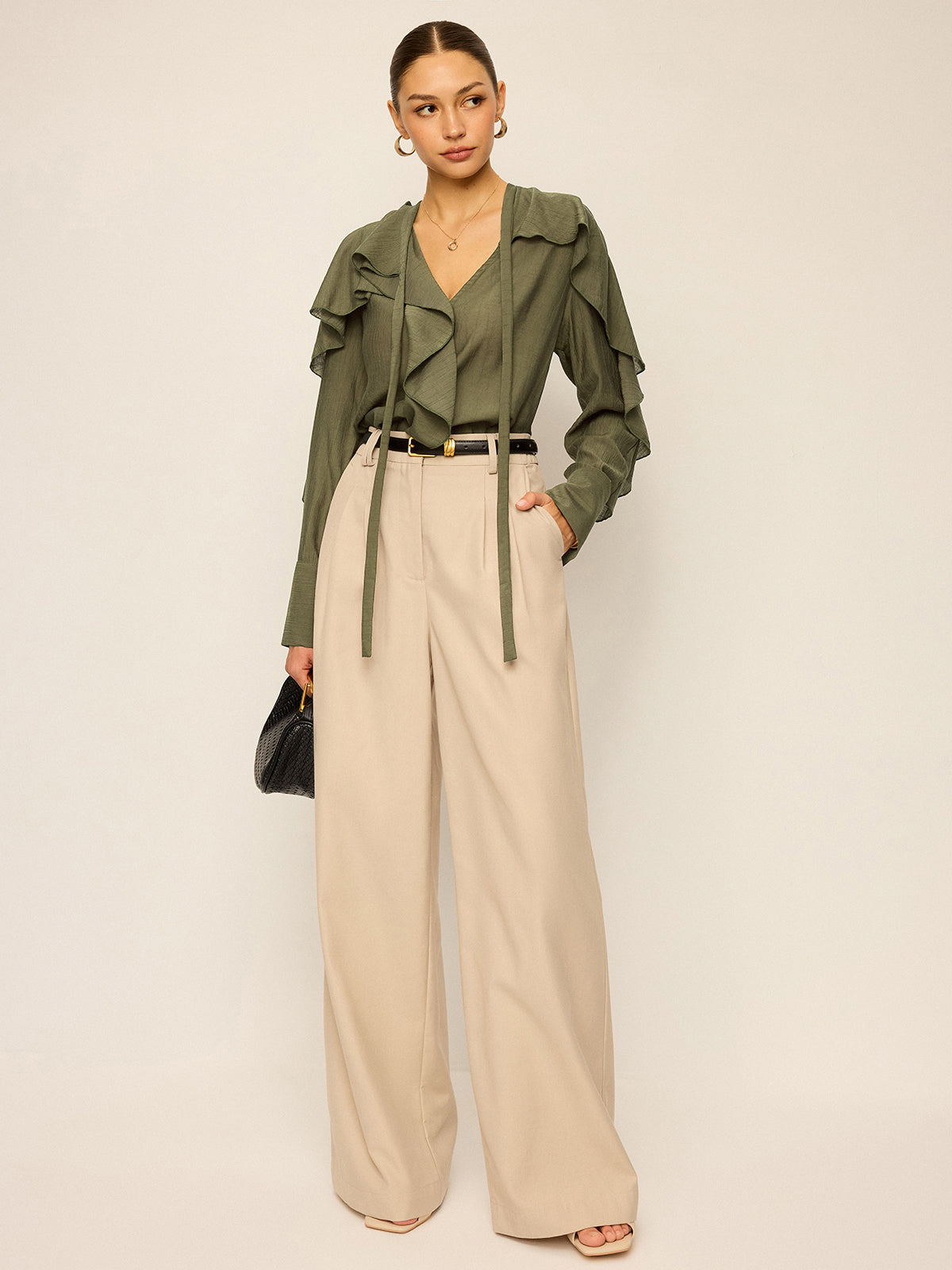 Neckline Tie Ruffled Blouse