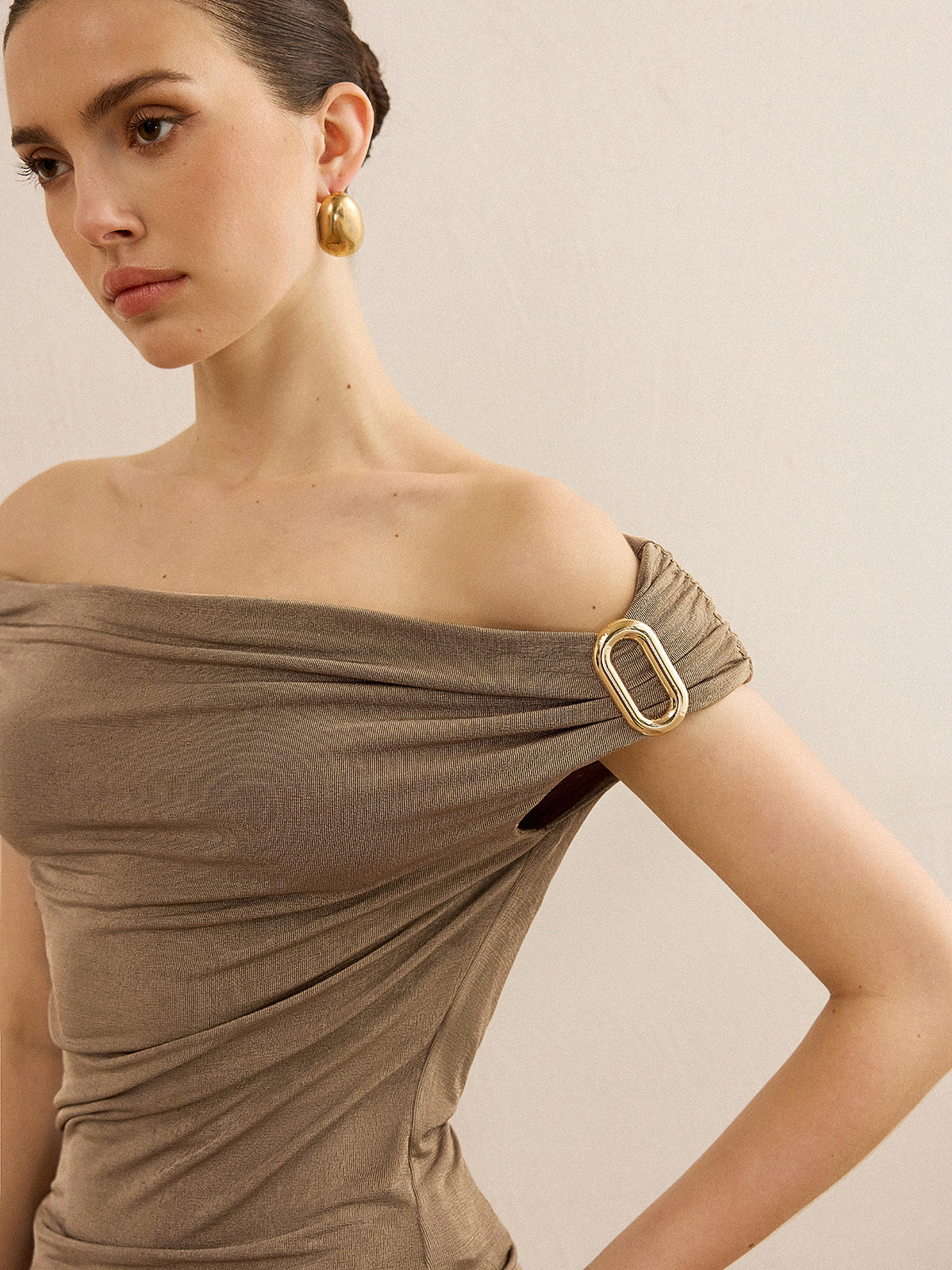 Off-Shoulder Ruched Top with Metal Buckle