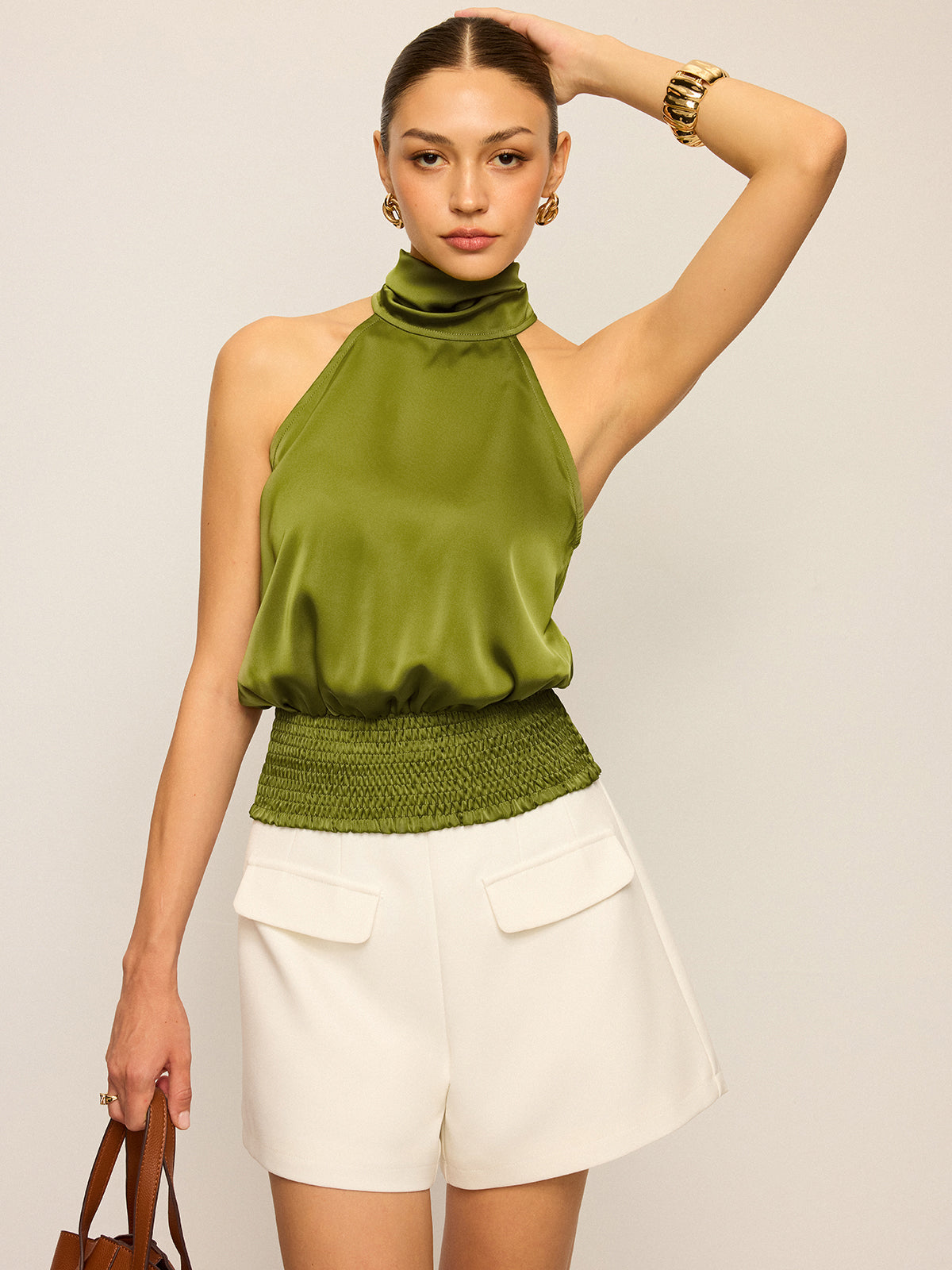 Satin Halter Neck Top with Smocked Waist