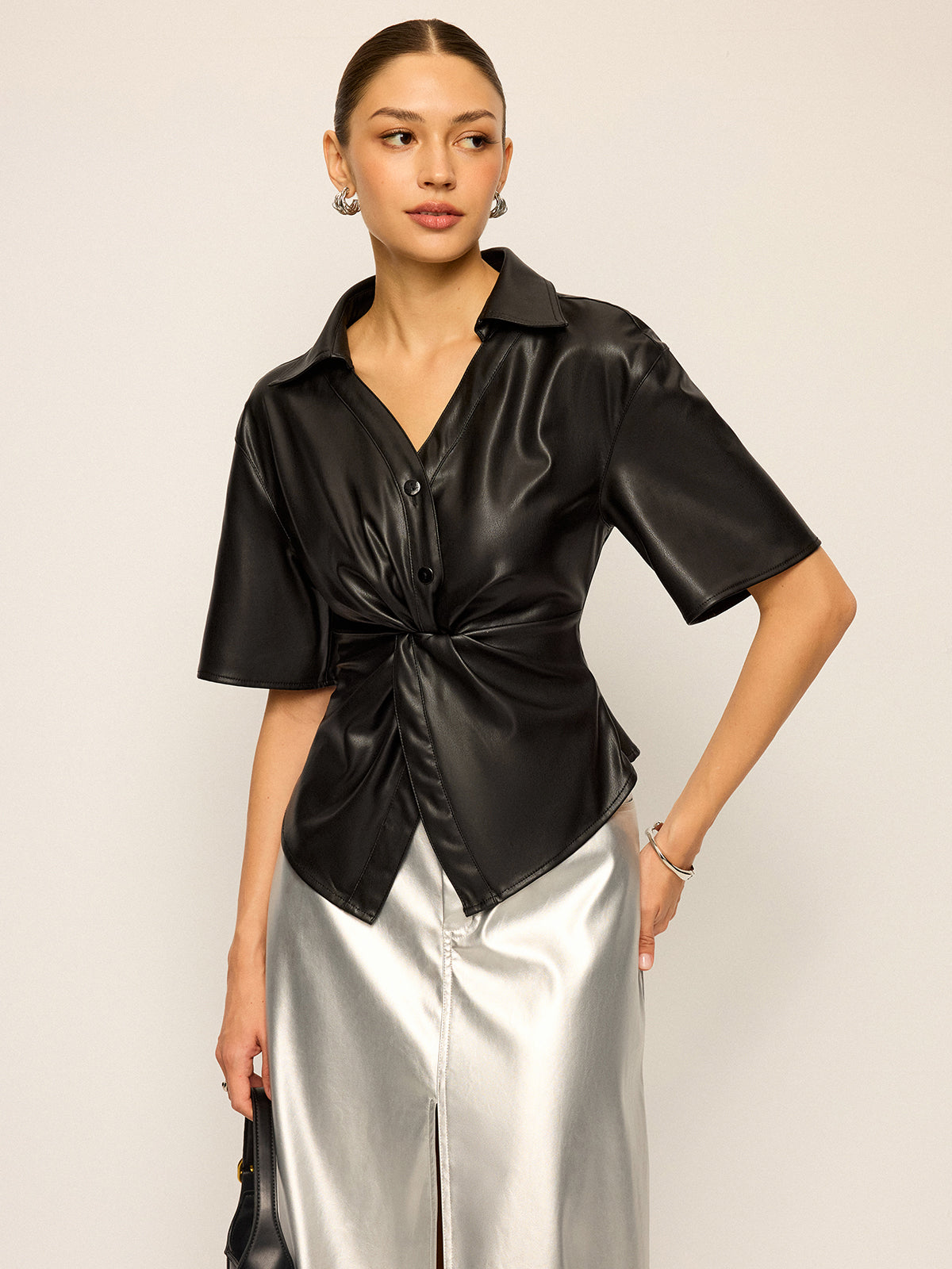 PU-Leder Kurzarm-Twist-Bluse