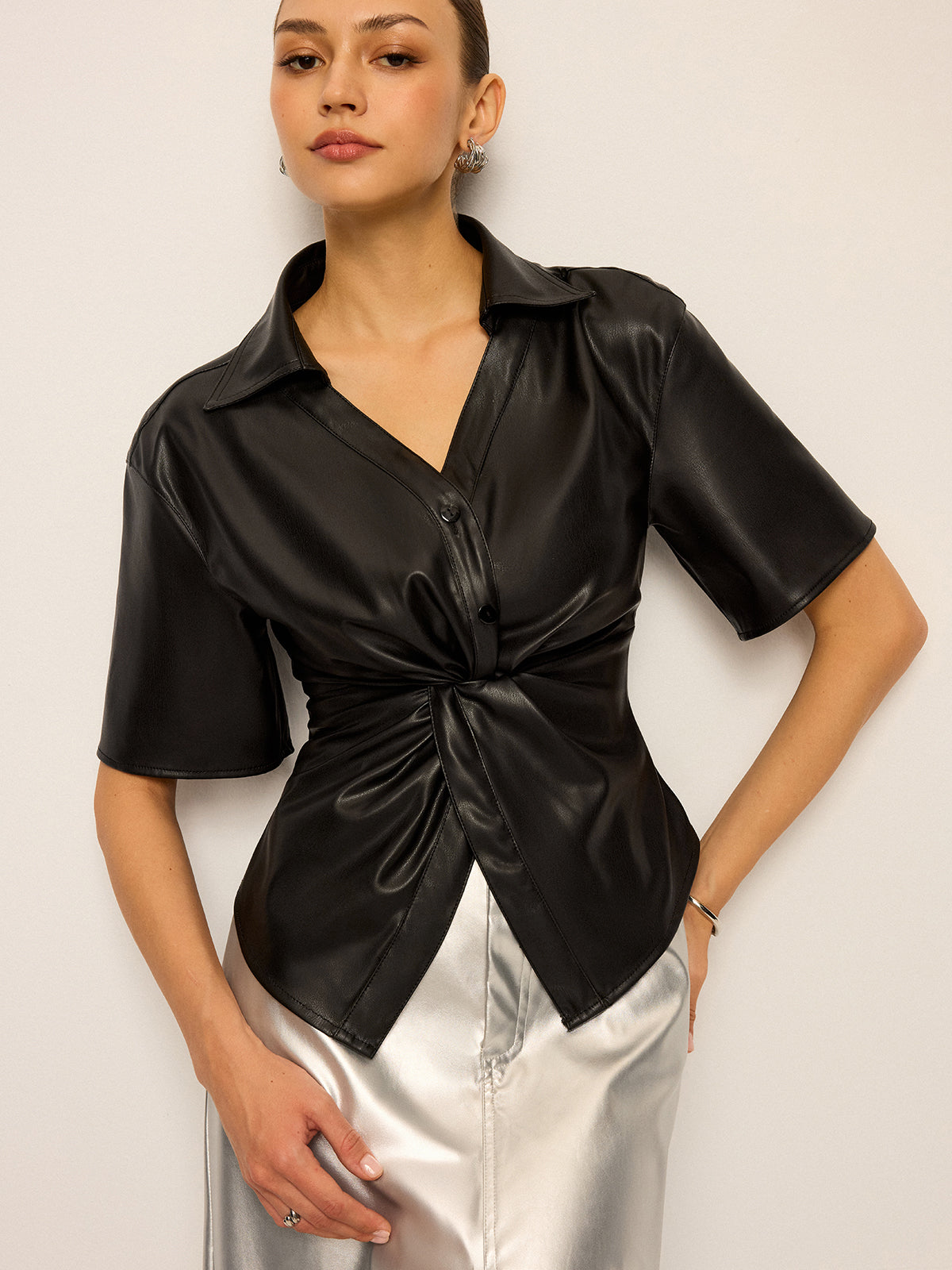 PU Leather Short Sleeve Twisted Blouse