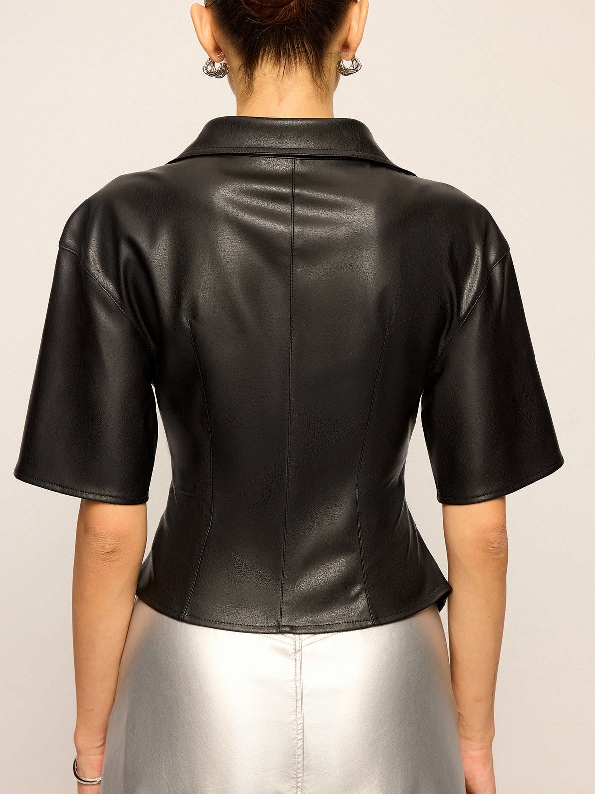 PU Leather Short Sleeve Twisted Blouse