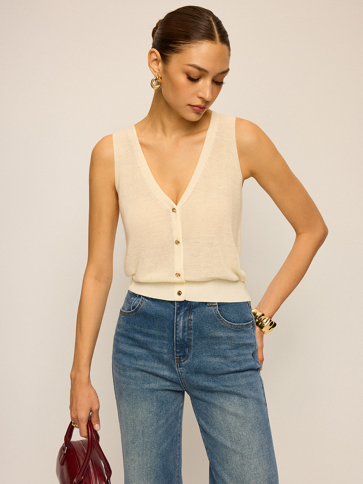 V-Ausschnitt Stricktanktop mit Knöpfen