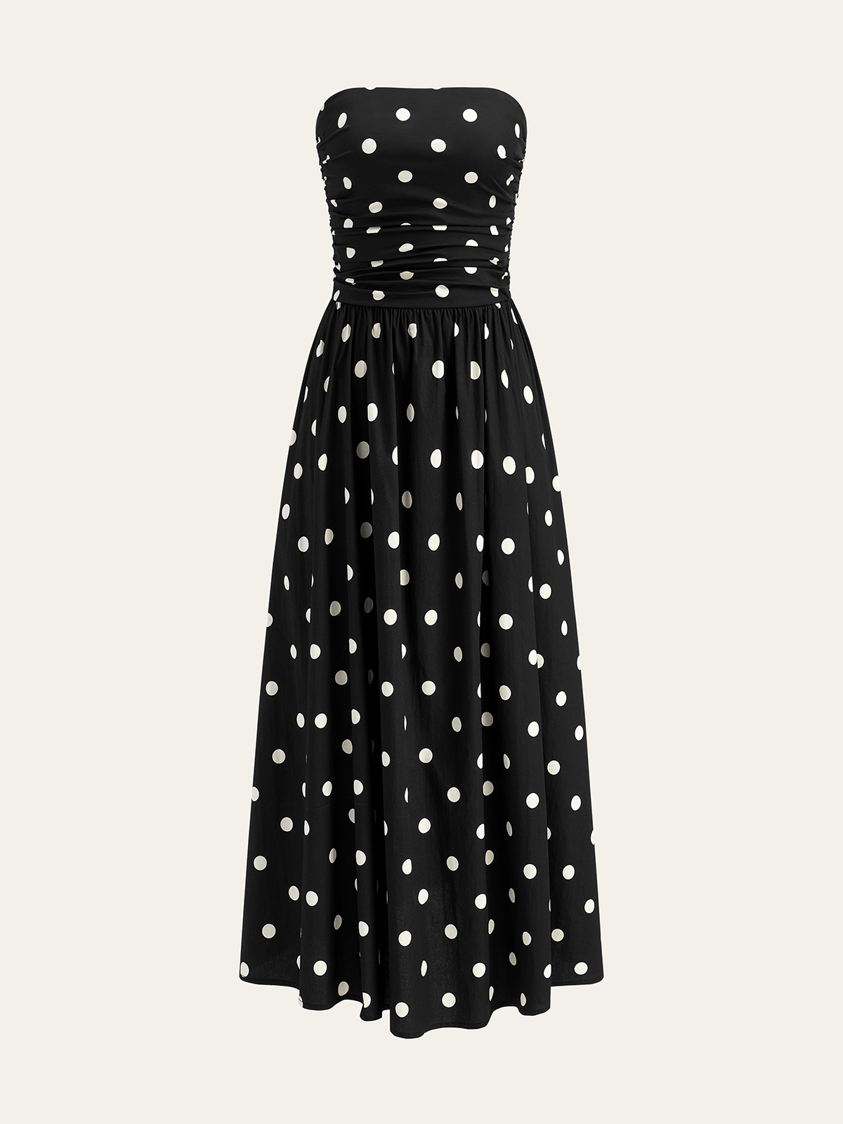 Strapless Polka Dot Ruched Midi Dress