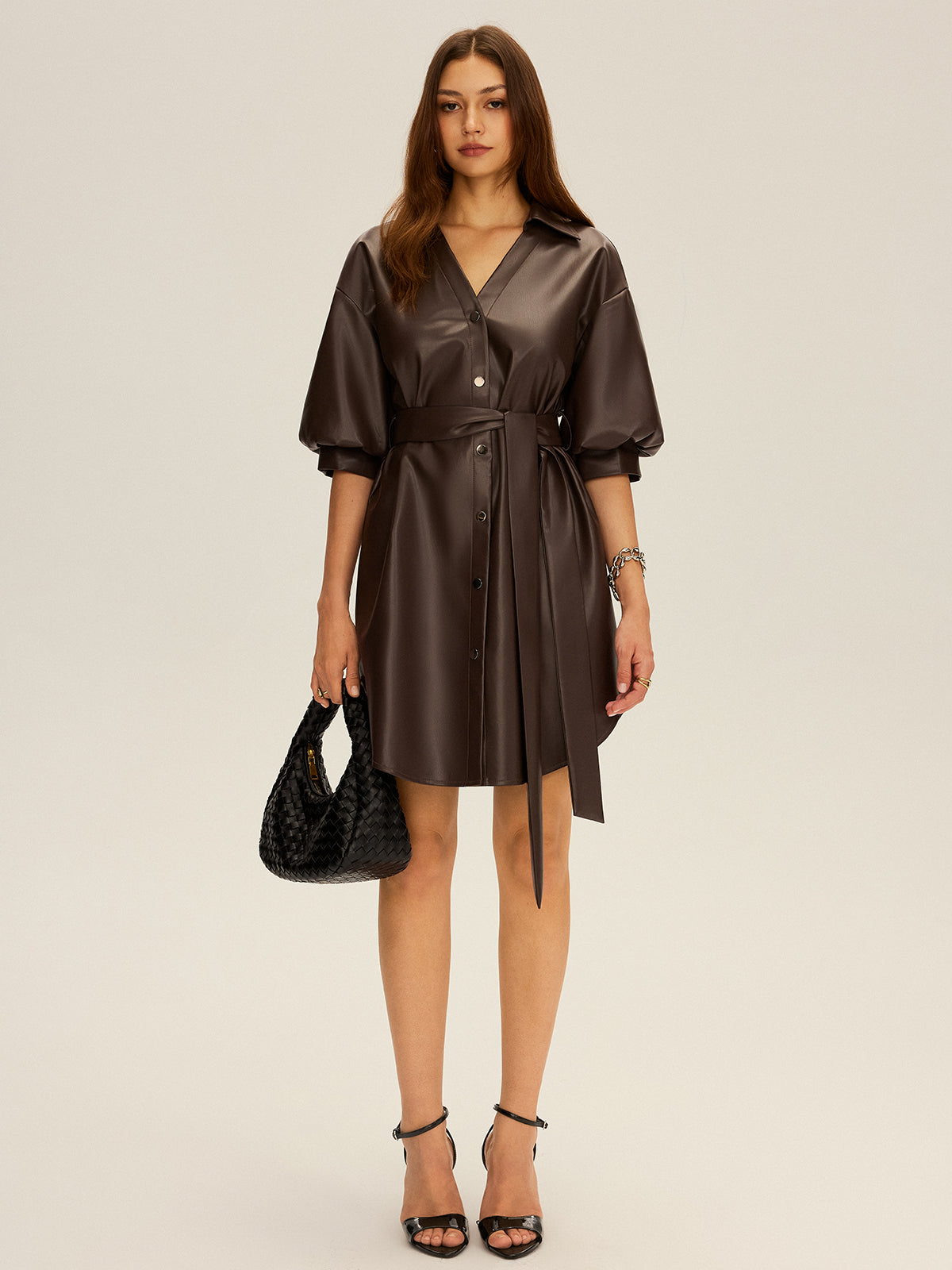 Faux Leather V-Neck Belted Mini Dress