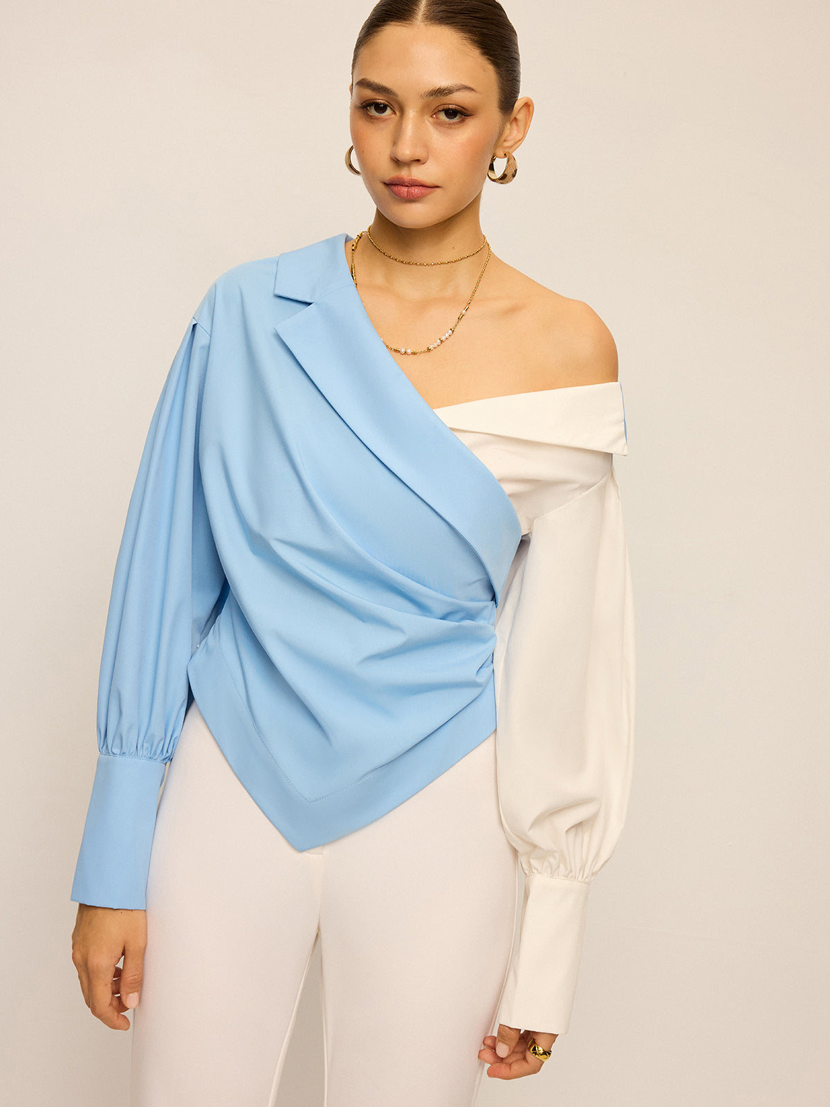 Two-Tone Asymmetric Off-Shoulder Shirt