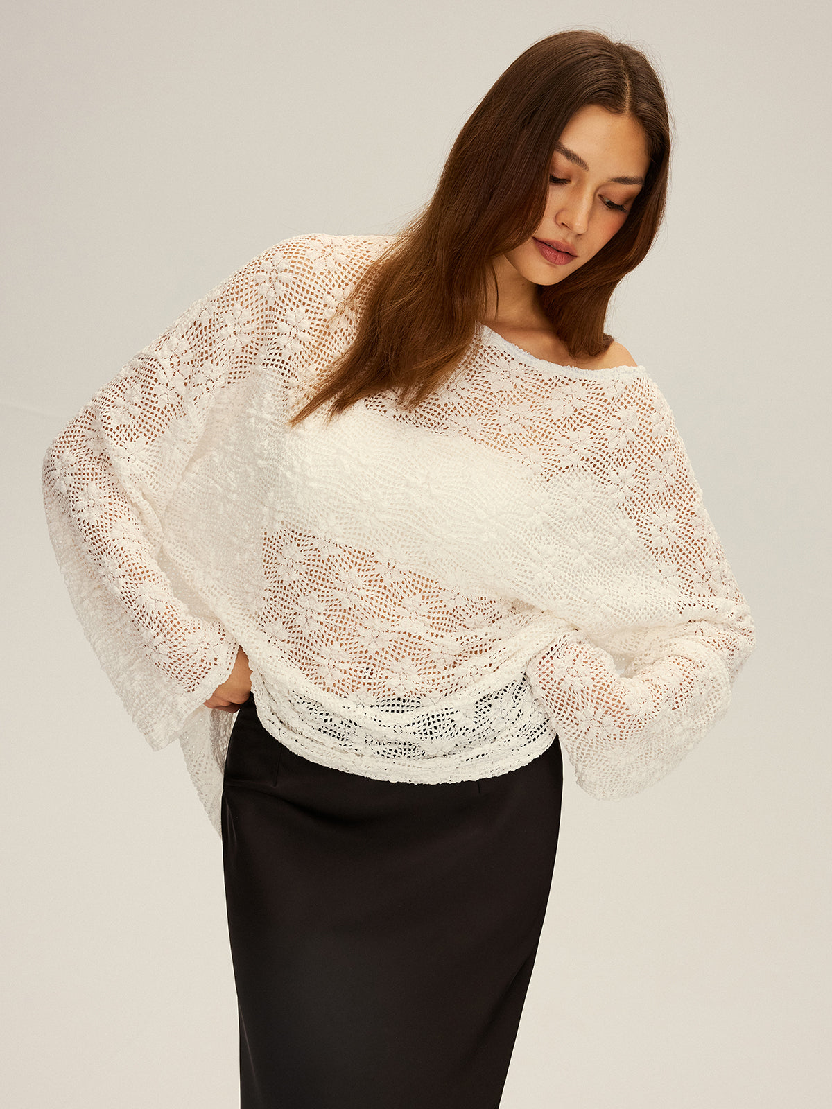 Semi-Sheer Oversized Off-Shoulder Blouse
