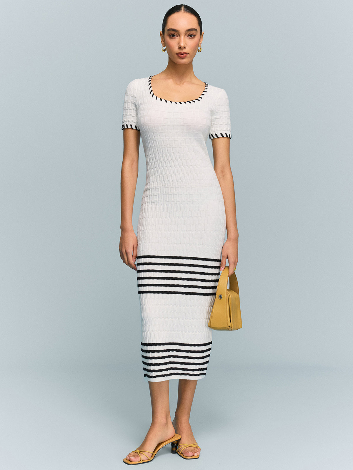 Textured Knit Midi Dress with Striped Hem