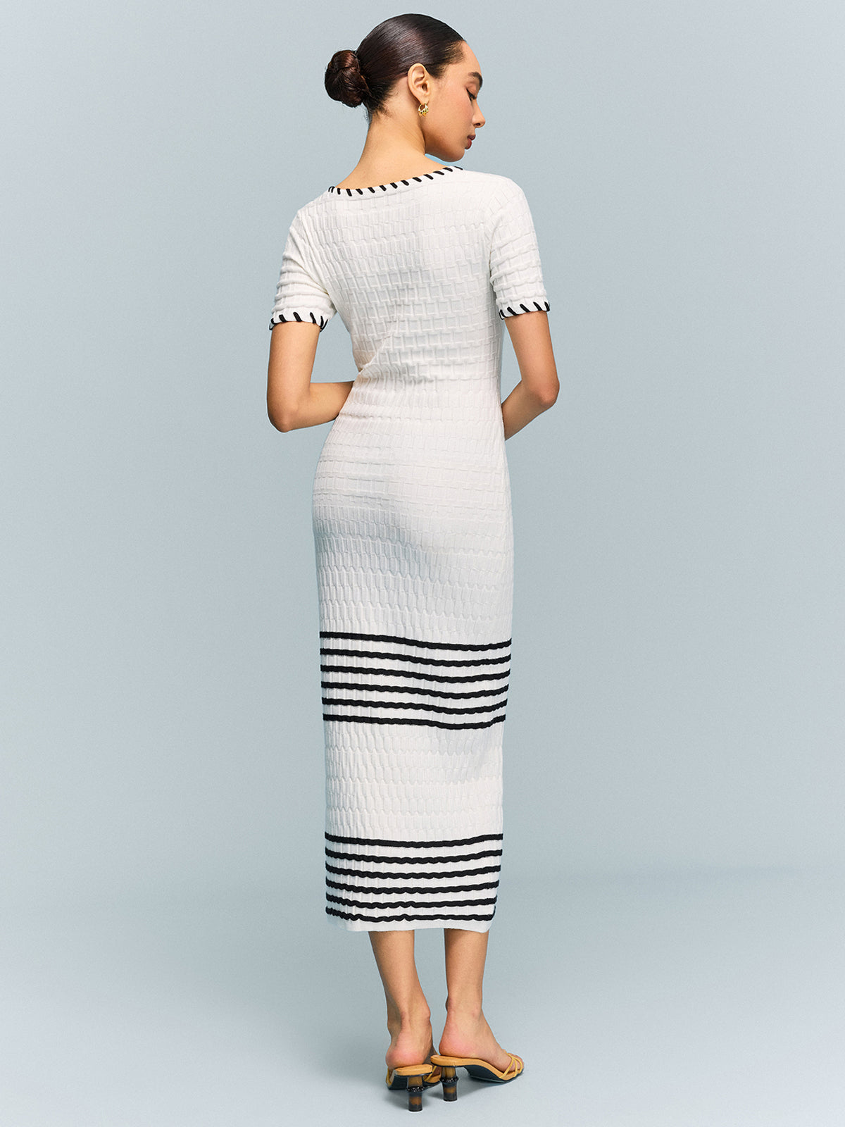 Textured Knit Midi Dress with Striped Hem