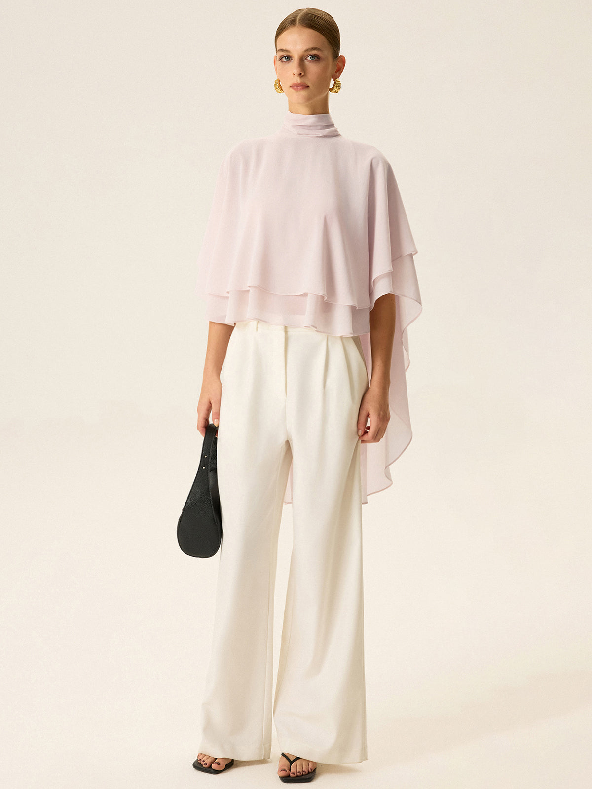 Halbtransparenter Chiffon-Cape-Top mit hohem Kragen und Stufen