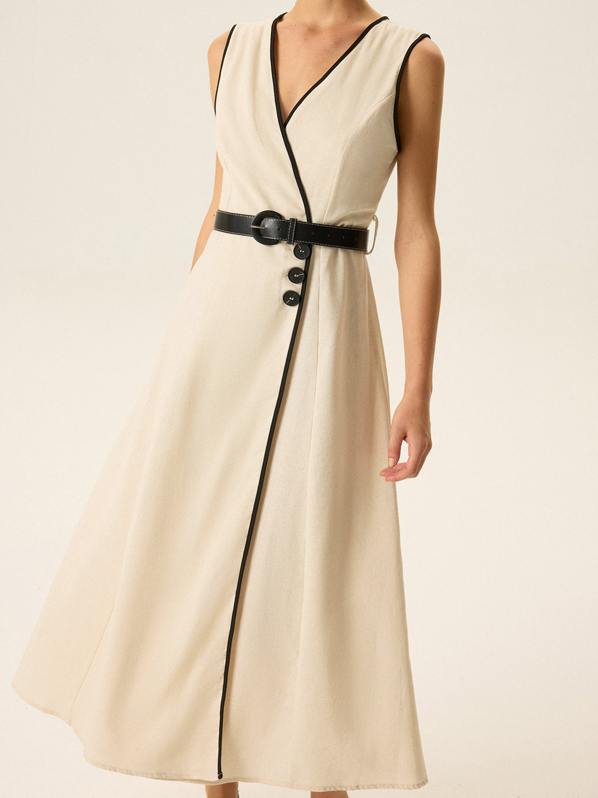 Contrast Trim Belted Midi Dress