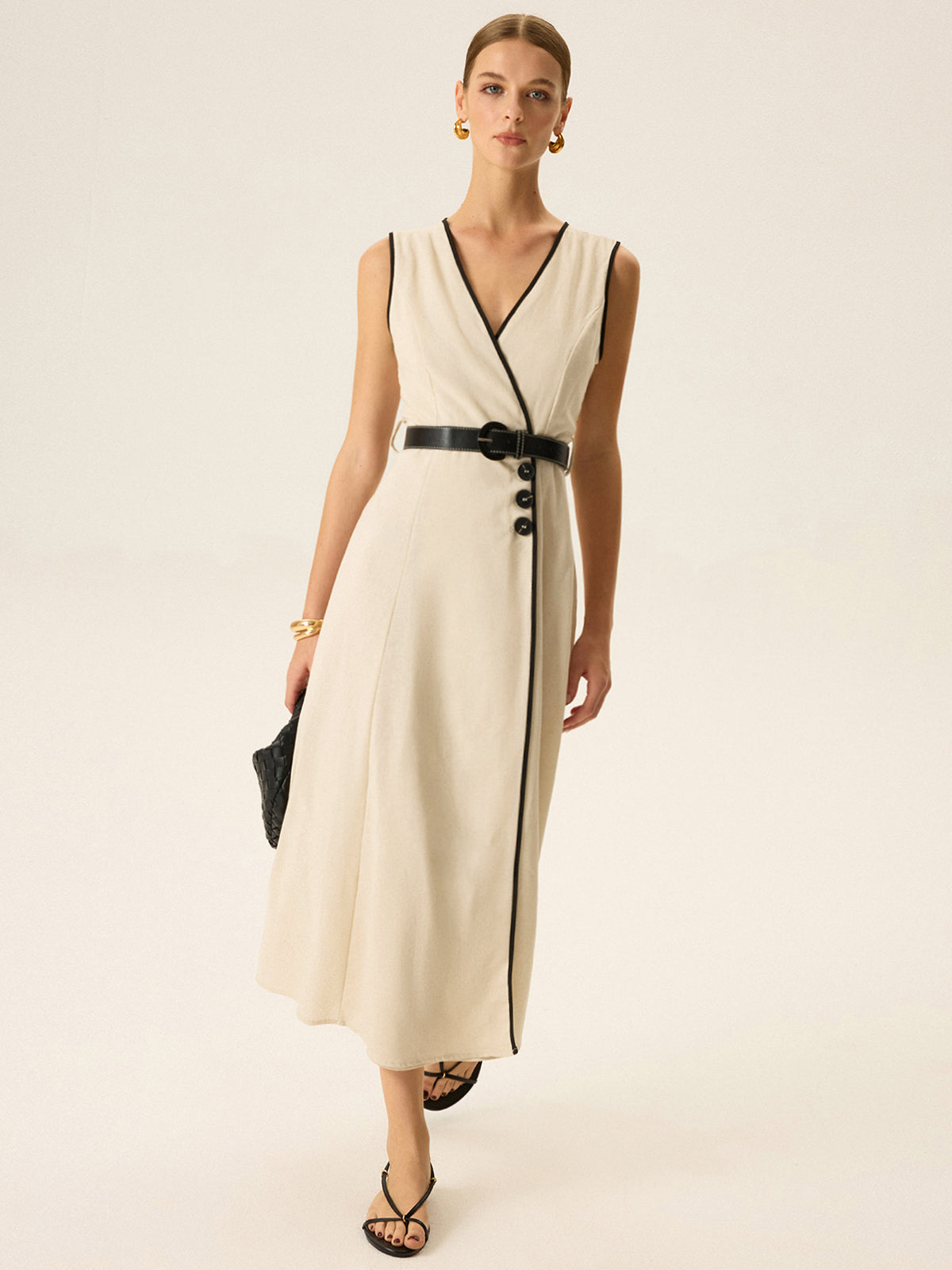 Robe midi ceinturée contrastante