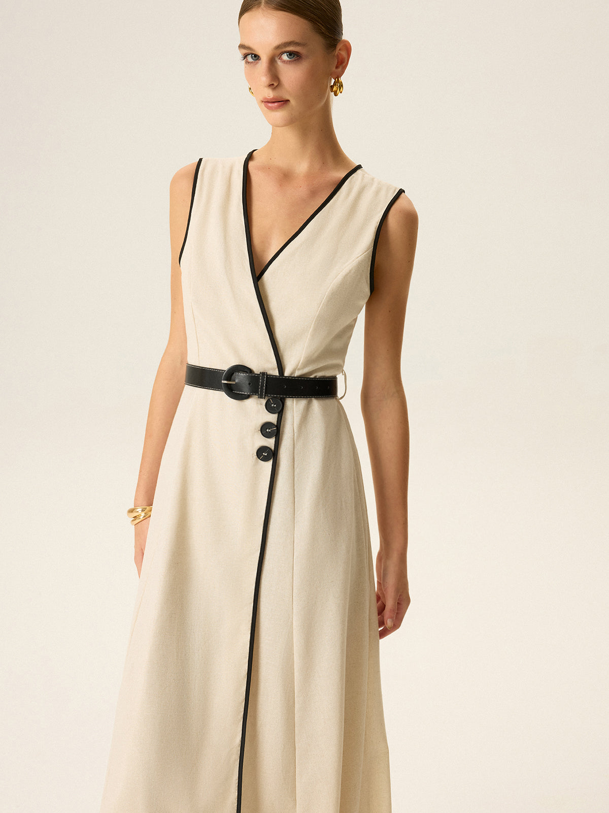 Contrast Trim Belted Midi Dress