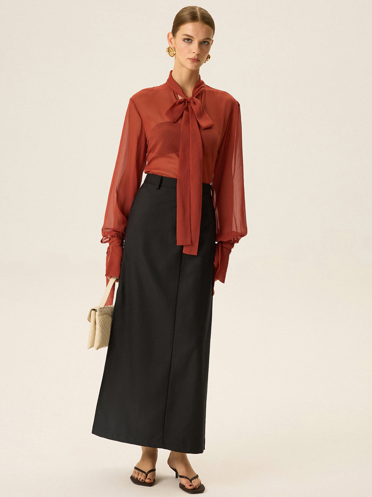 Semi-Sheer Chiffon Tie Neck Blouse