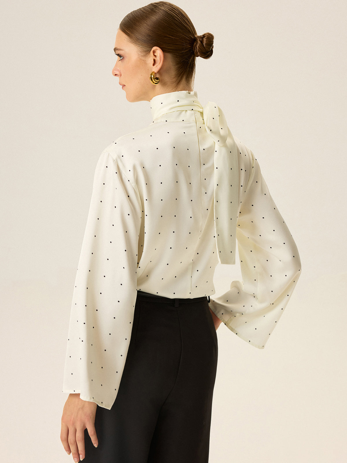 Polka Dot Satin High-Neck Blouse