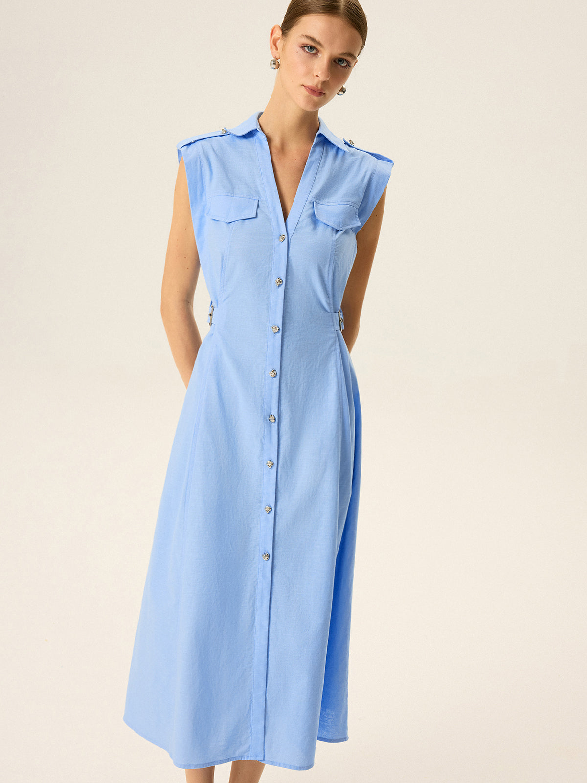 Linen & Cotton V-Neck Midi Dress with Metal Button