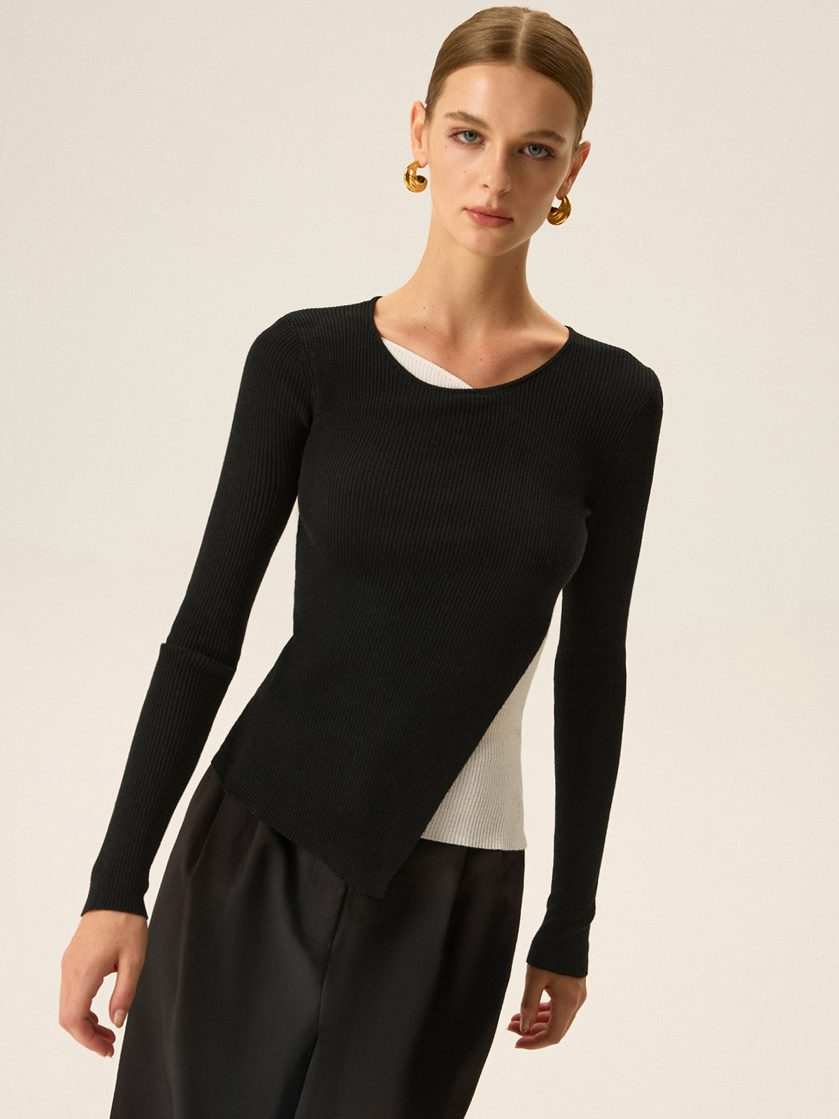 2 in 1 Color-Block Asymmetric Ribbed Knit Top