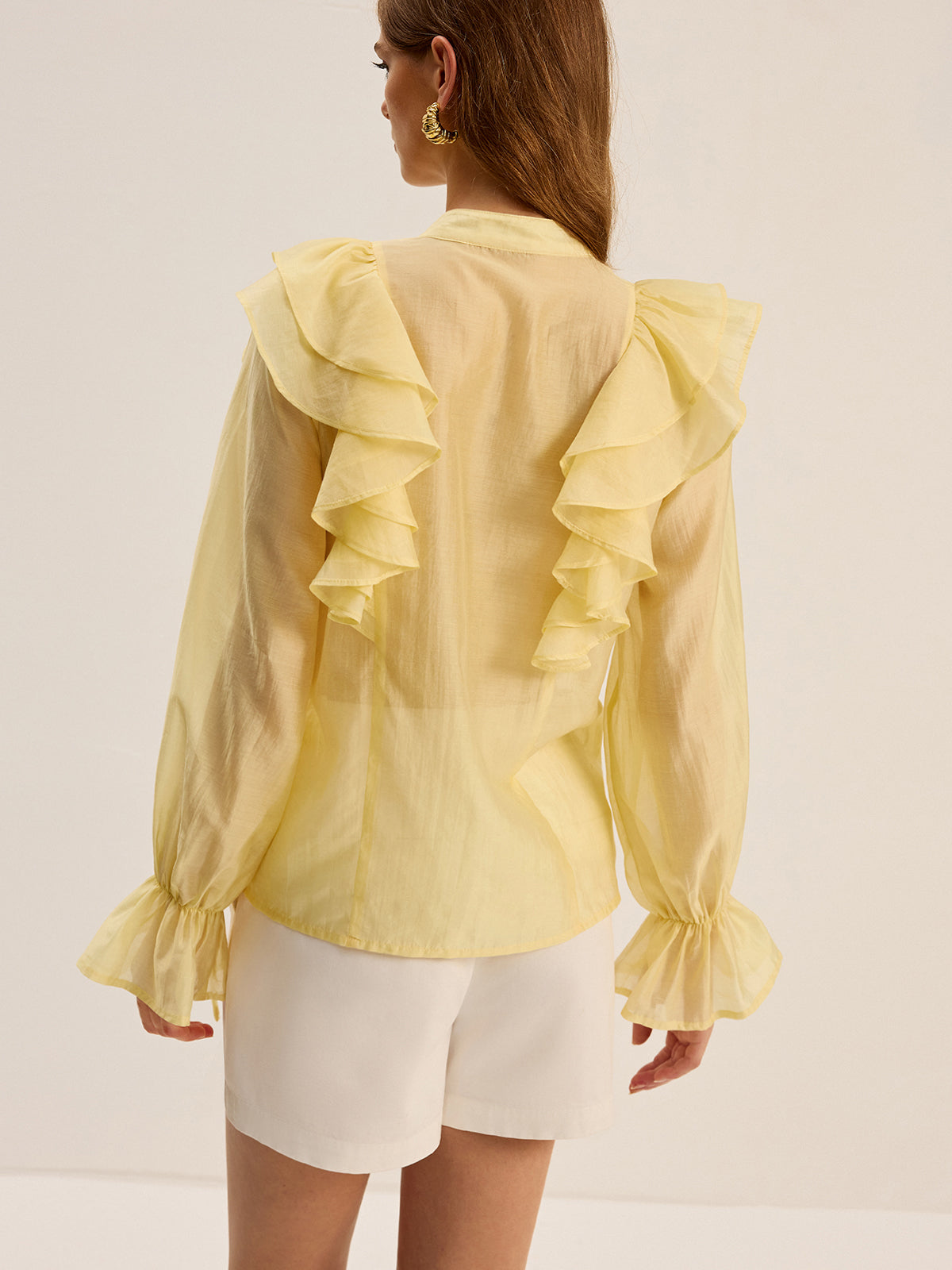 Semi-Sheer Tencel Ruffle Tie Neck Blouse