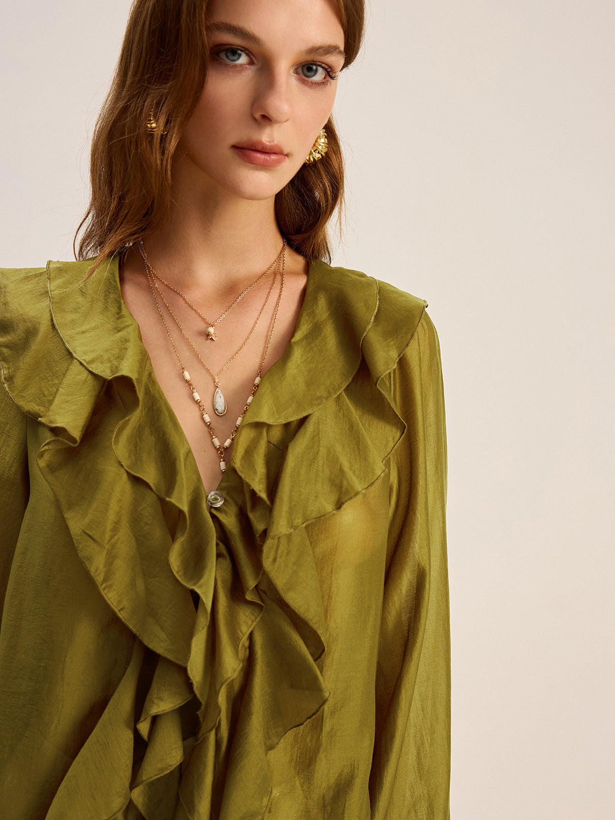 Semi-Sheer Tencel Ruffle Blouse