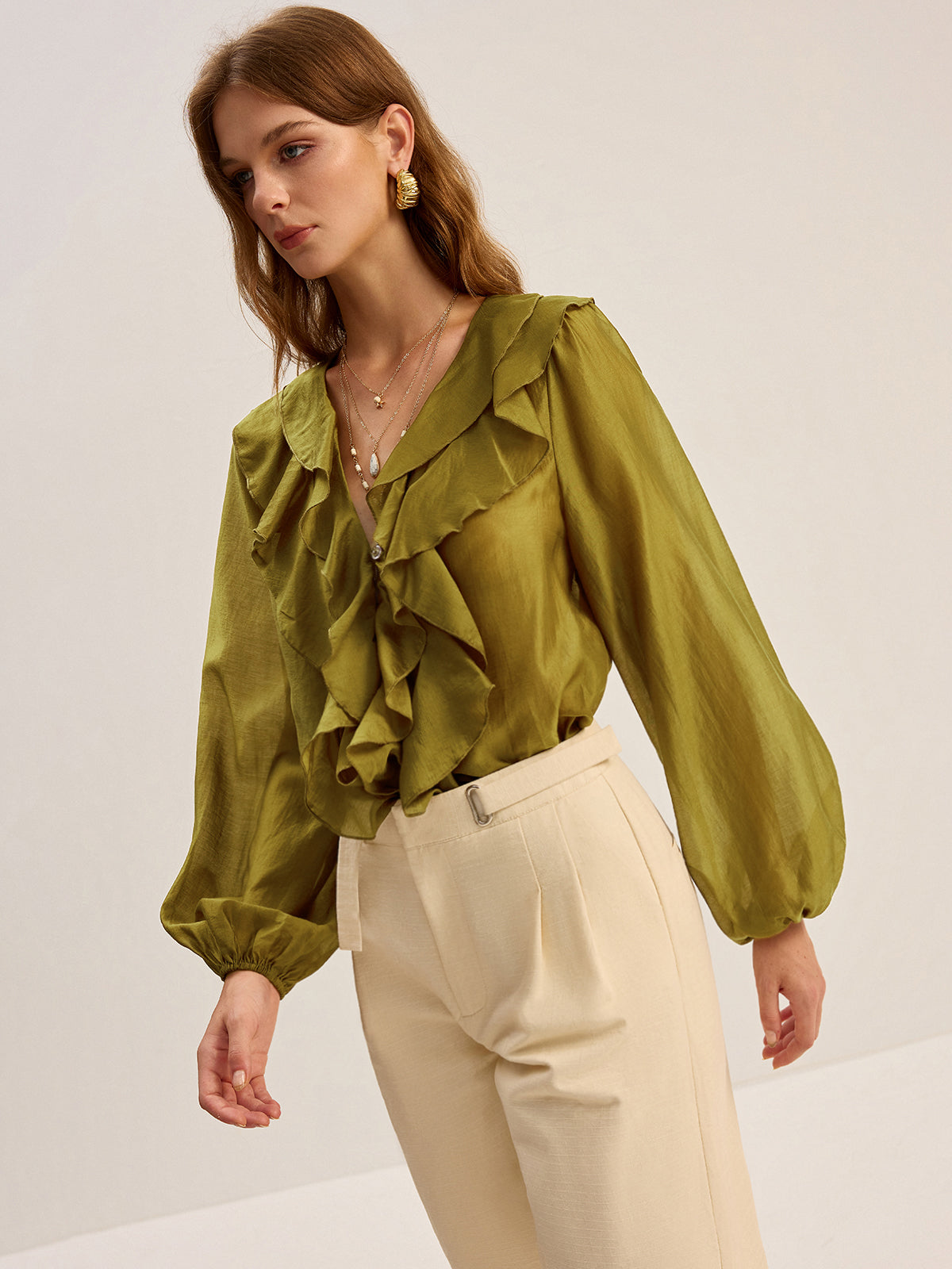 Semi-Sheer Tencel Ruffle Blouse